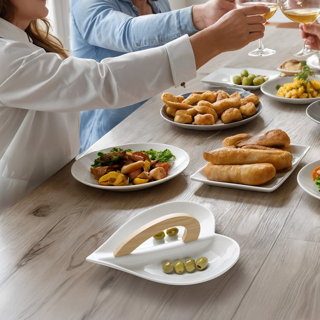 Tapas - Serviteur Apéritif Love En Céramique - Céramique/Bambou - Blanc/Bois Clair