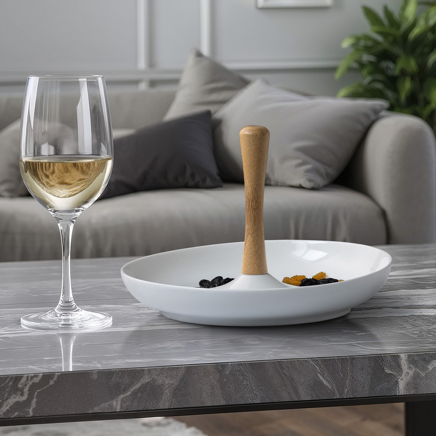 Tapas - Serviteur Apéritif Rond En Céramique - Céramique/Bambou - Blanc/Bois Clair