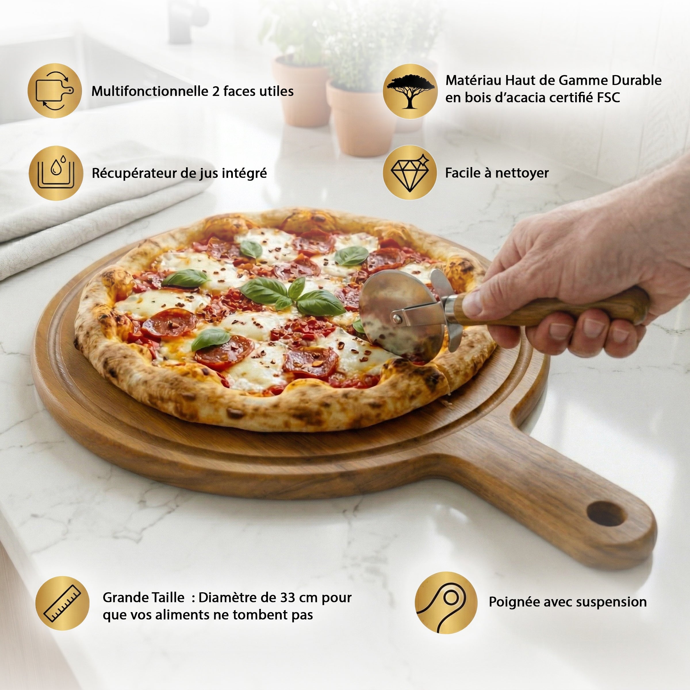 Fiorenza - Round Pizza Board 33 Cm With Drip Groove And Handle - Wood