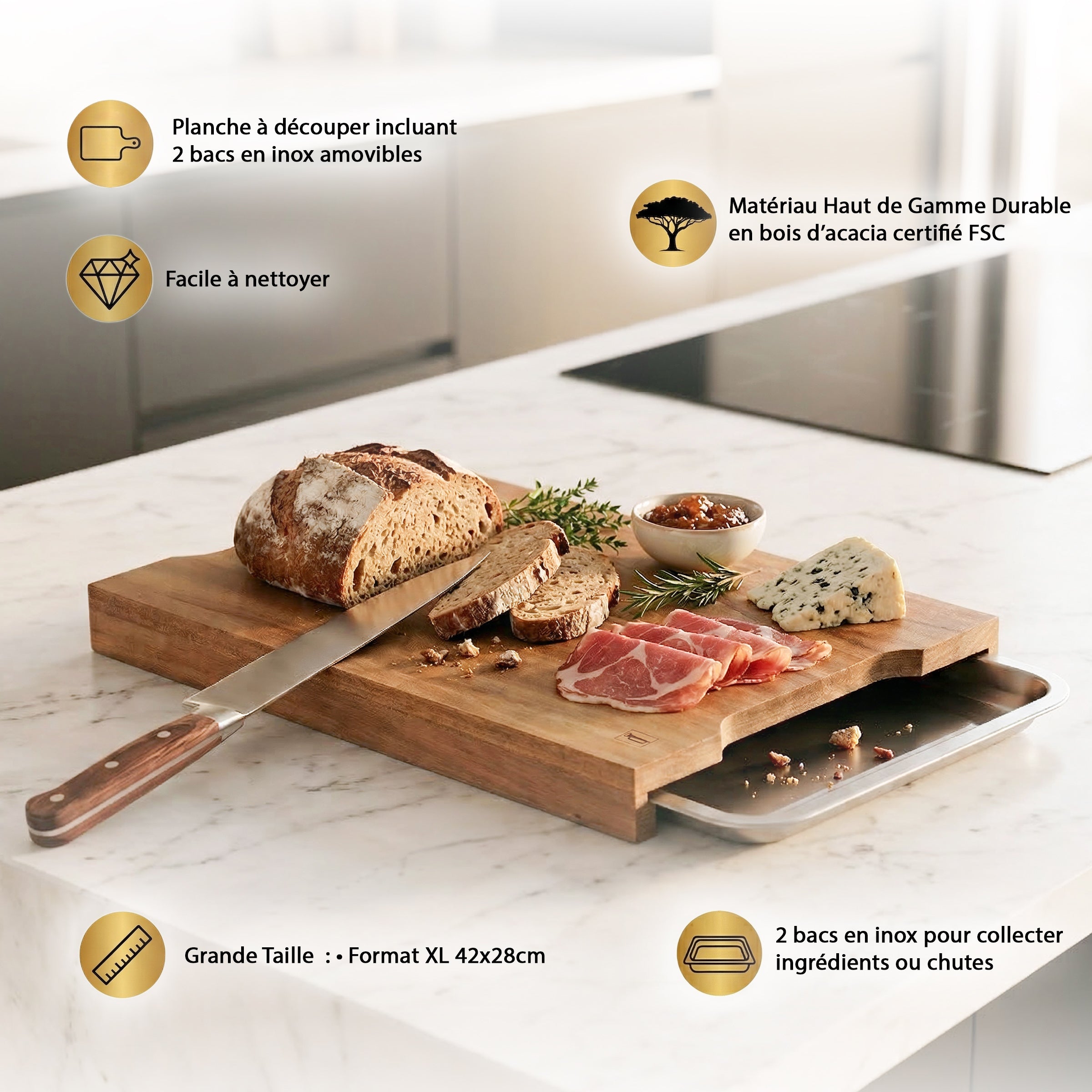 Léonie - Rectangular Cutting Board With 2 Drawers - Wood