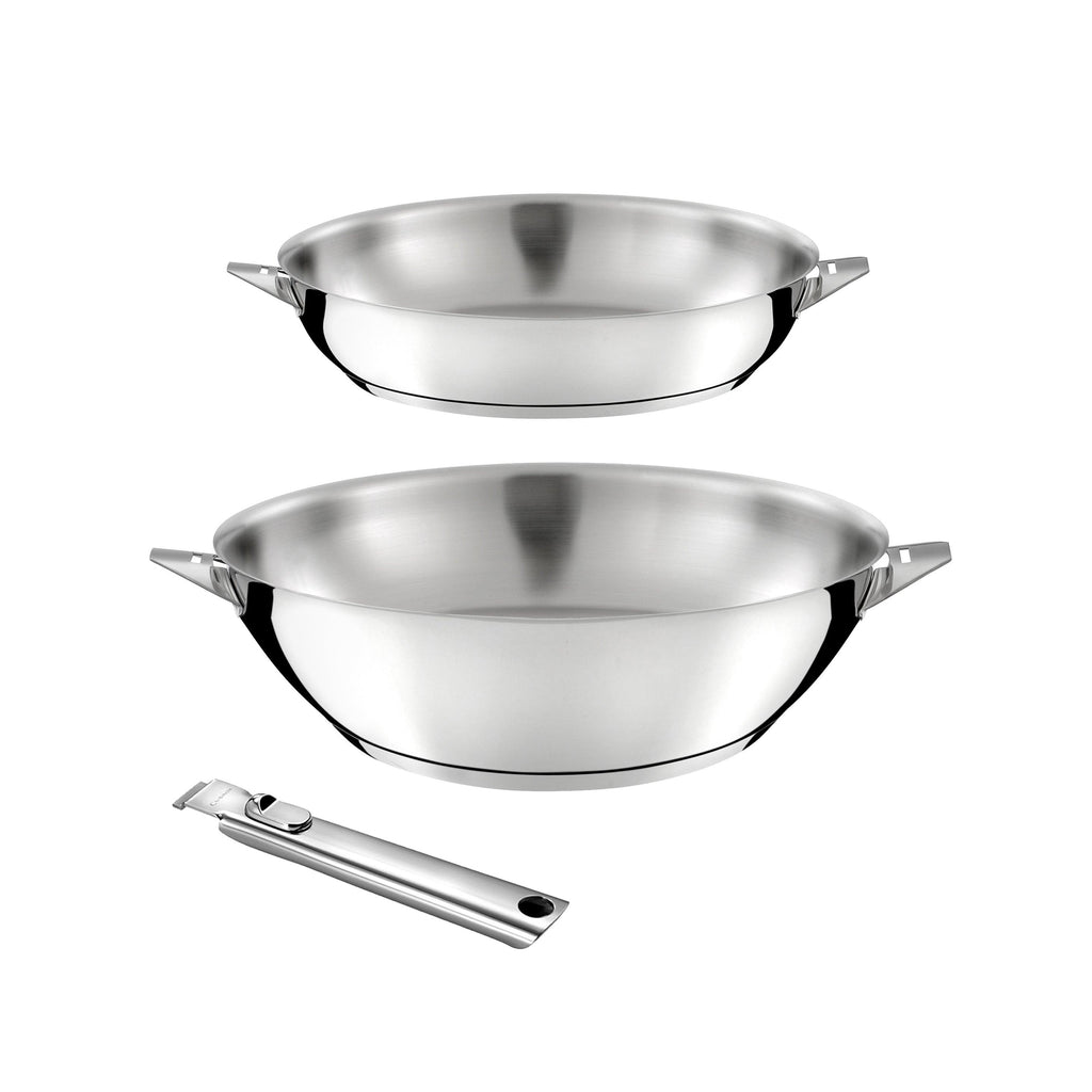 Eclipse - 1 Wok 28cm + 1 Poêle 24cm + 1 Poignée Amovible - Inox