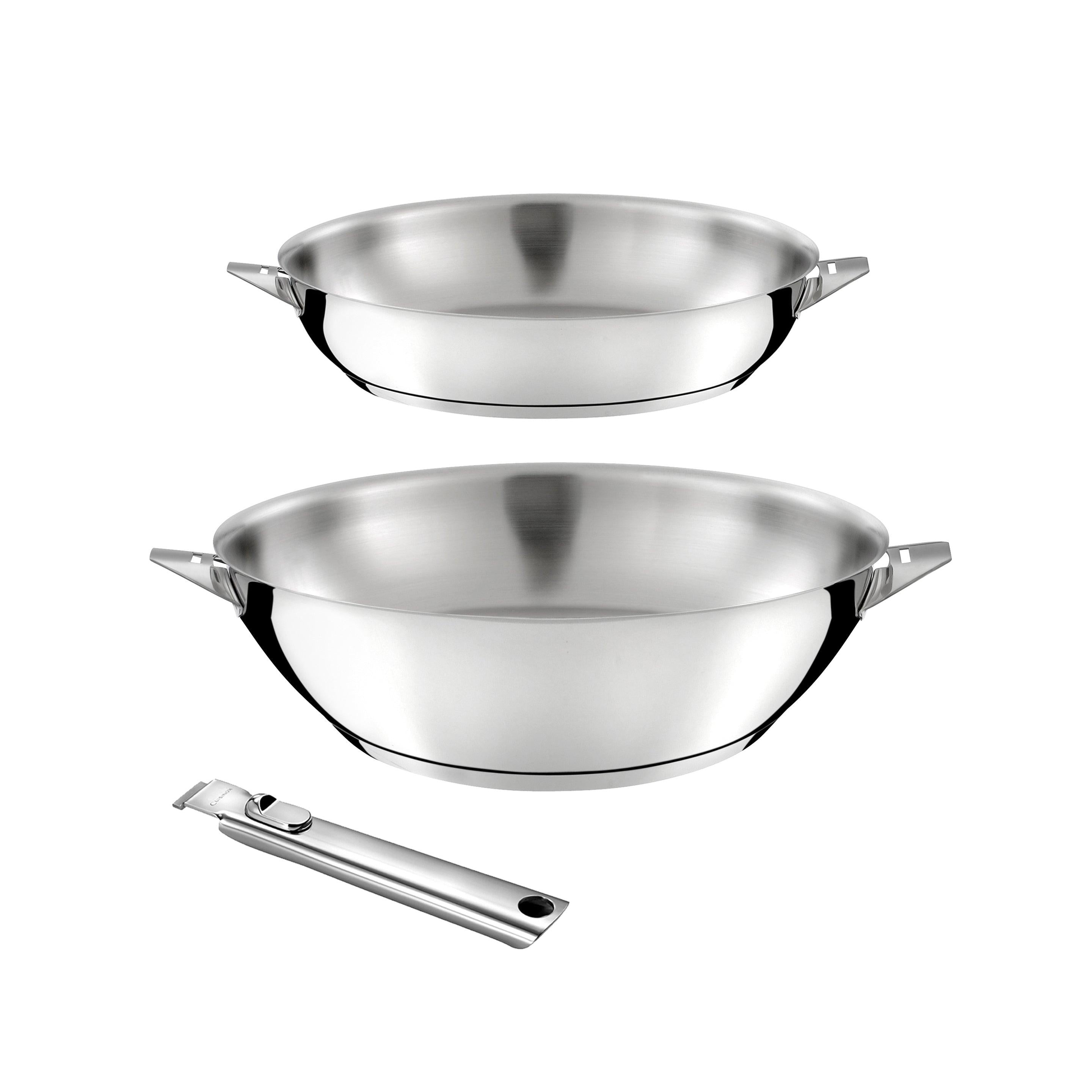 Eclipse - 1 Wok 28cm + 1 Poêle 24cm + 1 Poignée Amovible - Inox