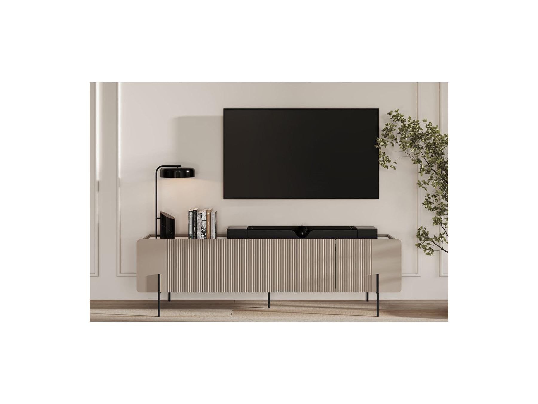 Mathilde - Mueble de TV 4 puertas con tablero efecto mármol y patas negras