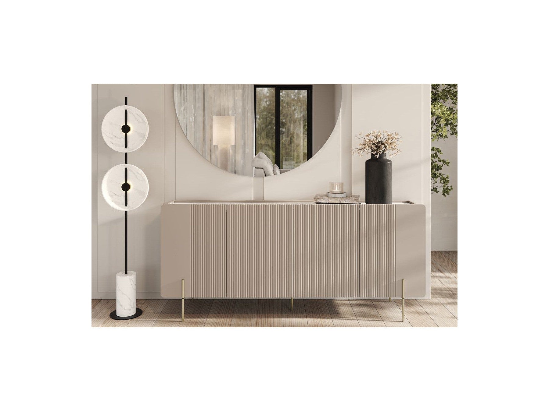 Mathilde - Buffet 4 Portes Plateau Effet Marbre - Pieds Or