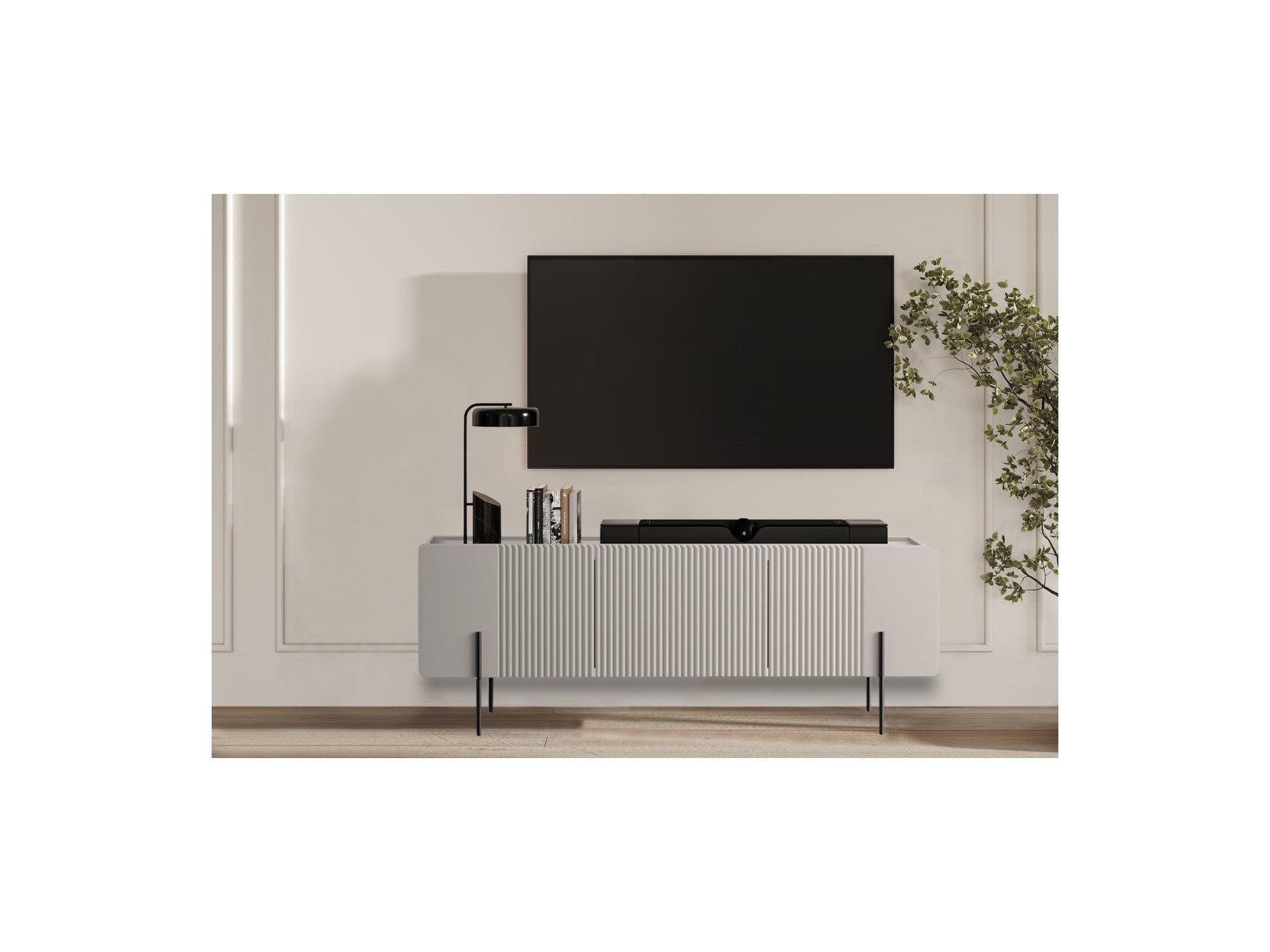 Mueble de TV 3 puertas con tablero - Mathilde - Efecto mármol y patas negras