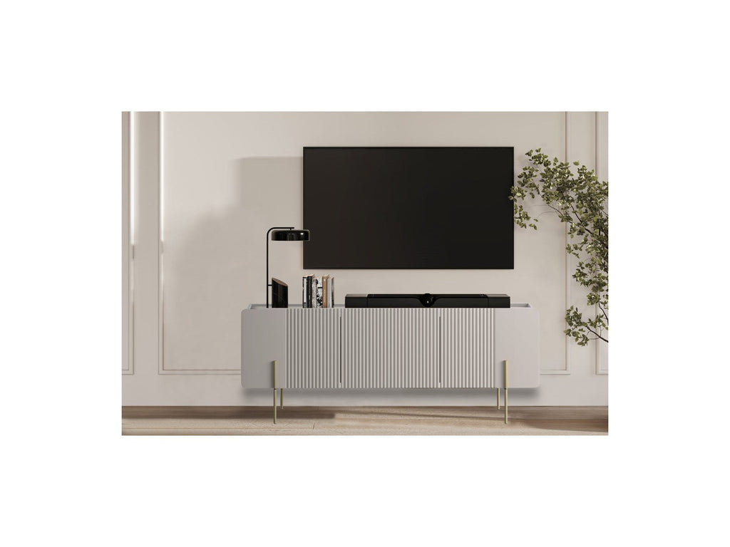 Mathilde - Mueble de TV de 3 puertas - Encimera efecto mármol y patas doradas
