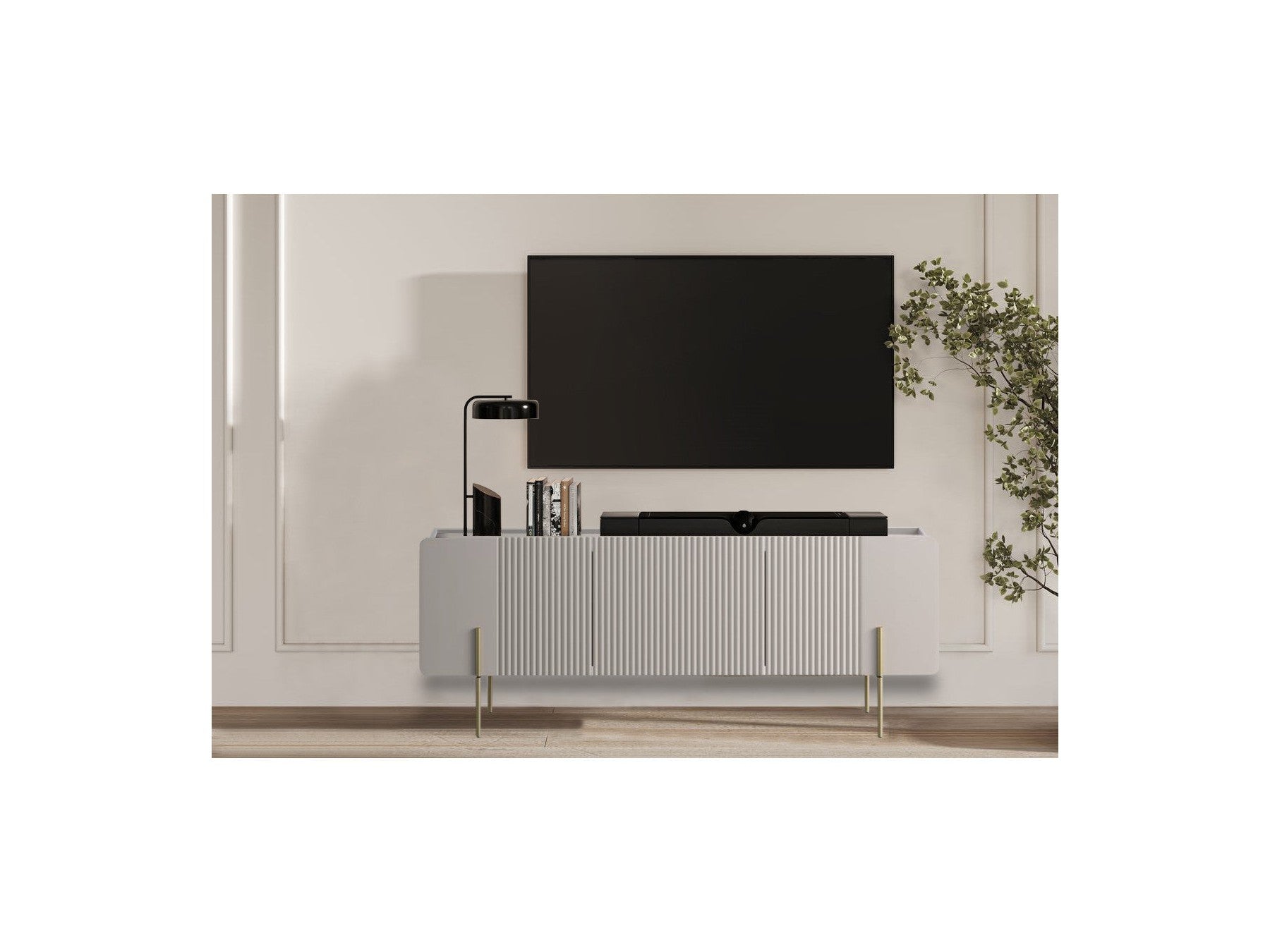 Mathilde - Mueble de TV de 3 puertas - Encimera efecto mármol y patas doradas