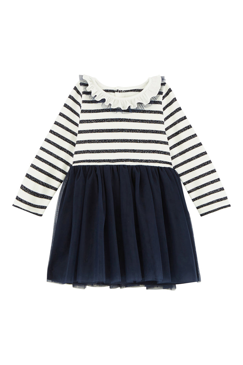 Robe Bi-Matière - Blanc Et Bleu Marine - Bébé Fille