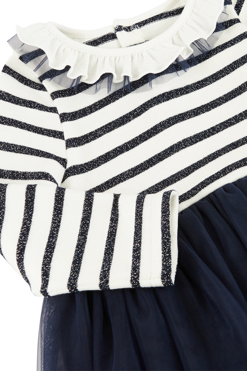 Robe Bi-Matière - Blanc Et Bleu Marine - Bébé Fille
