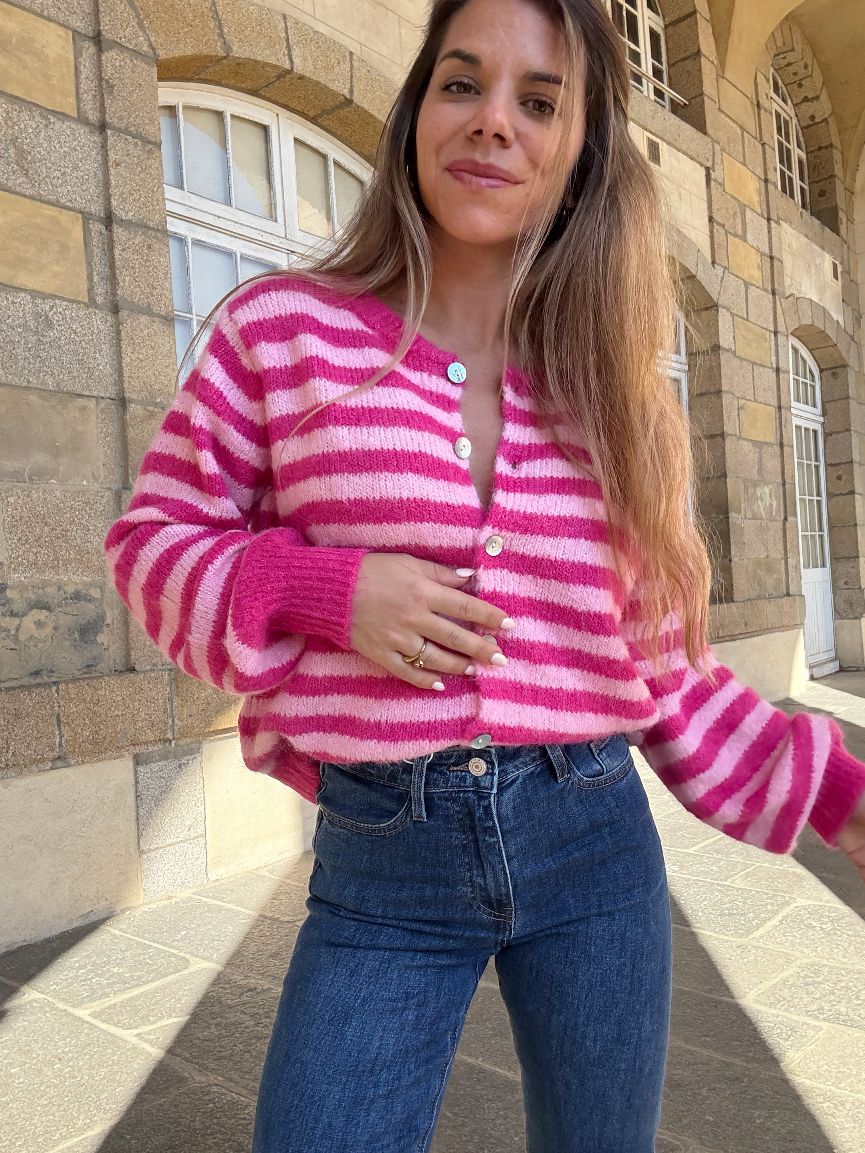 Pink And Red Striped Solela Cardigan