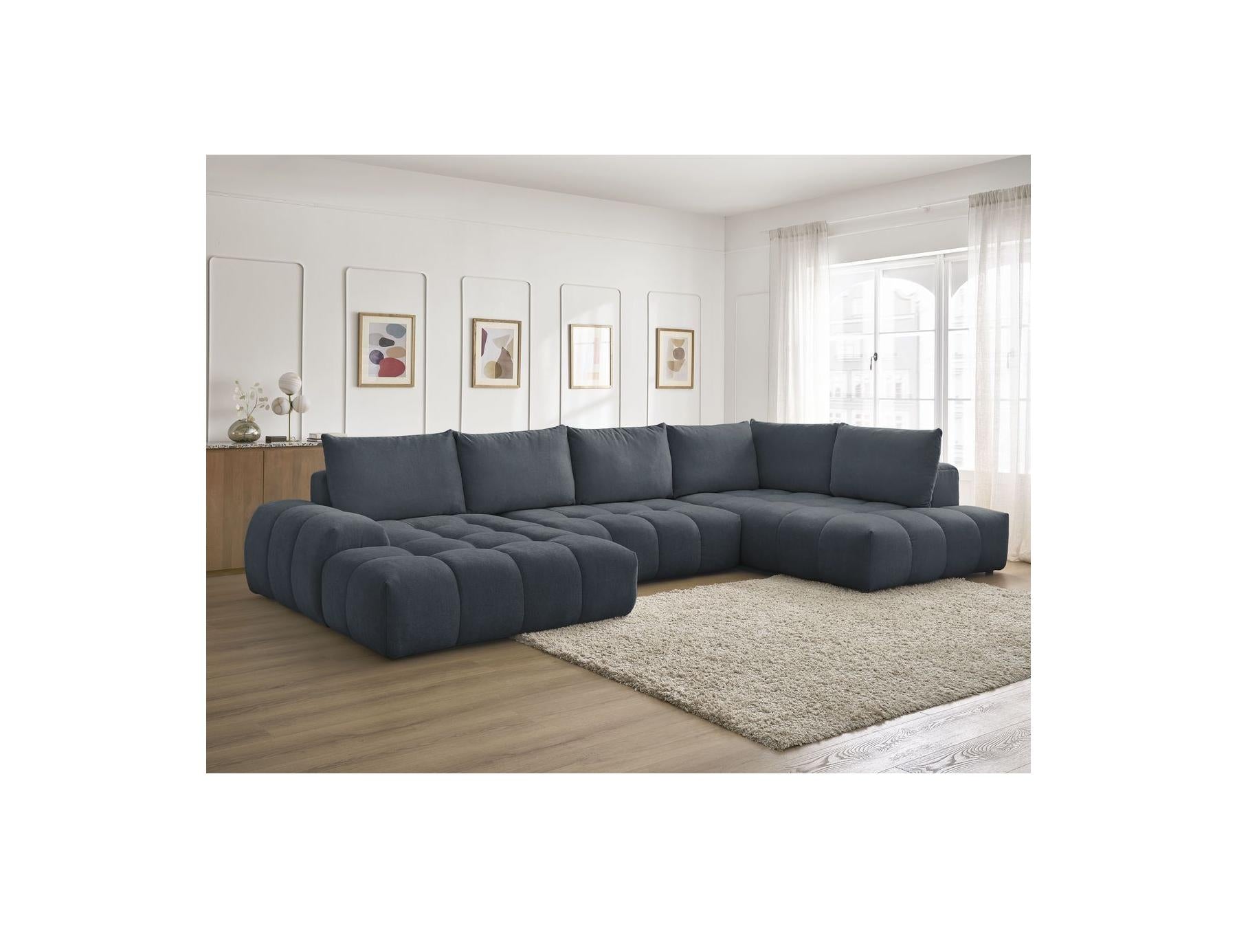 Everest - Canapé Panoramique Convertible Coffre - Tissu Texturé - Angle Gauche - 6 Coussins