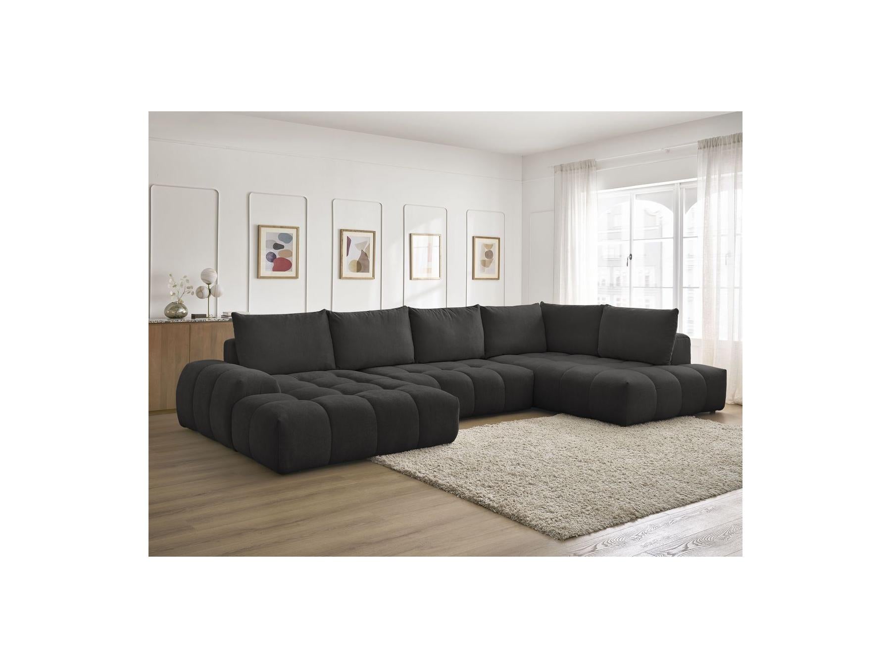 Everest - Canapé Panoramique Convertible Coffre - Tissu Texturé - Angle Gauche - 6 Coussins