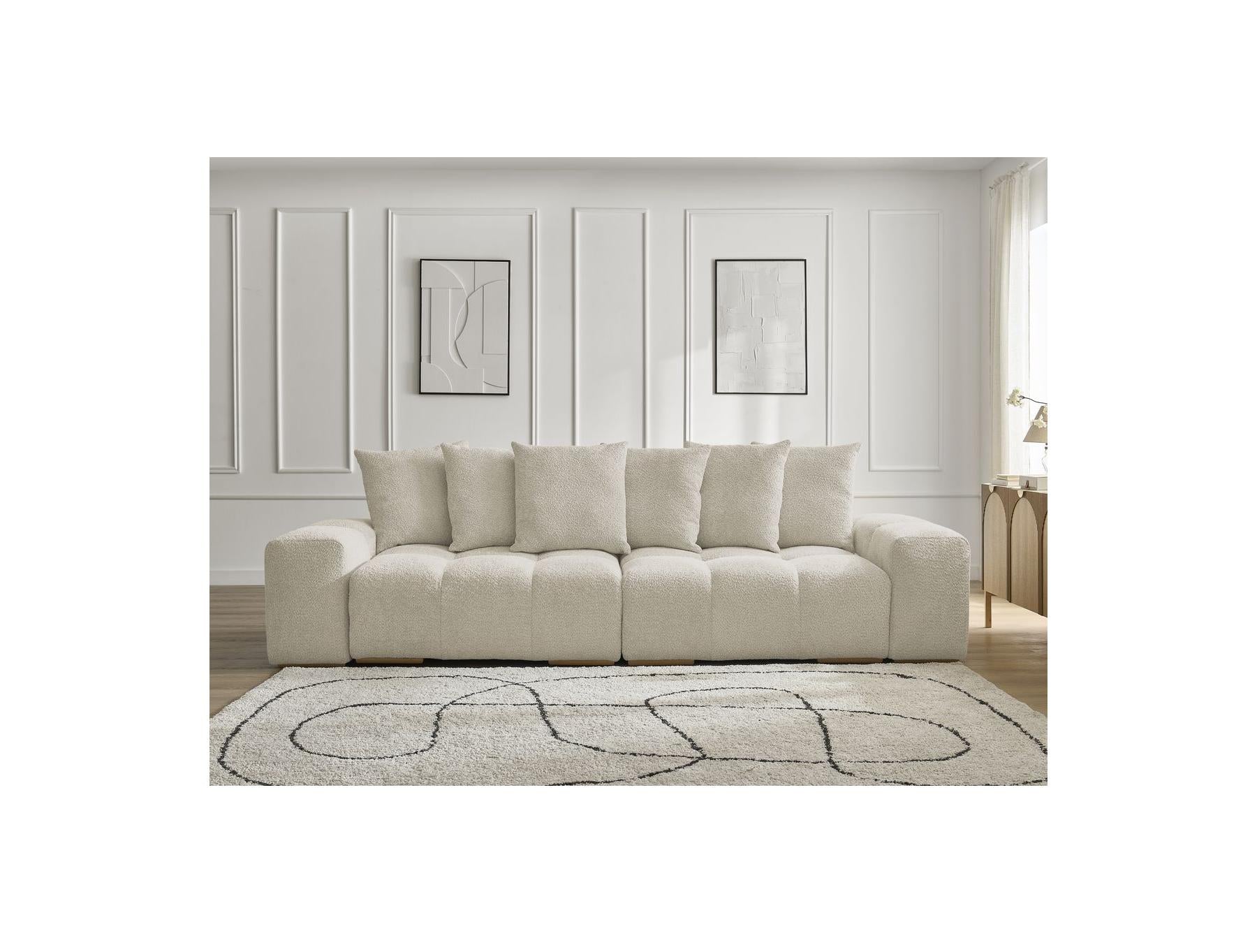 Anakin - Canapé Droit Convertible Coffre - Tissu Bouclette - 6 Coussins