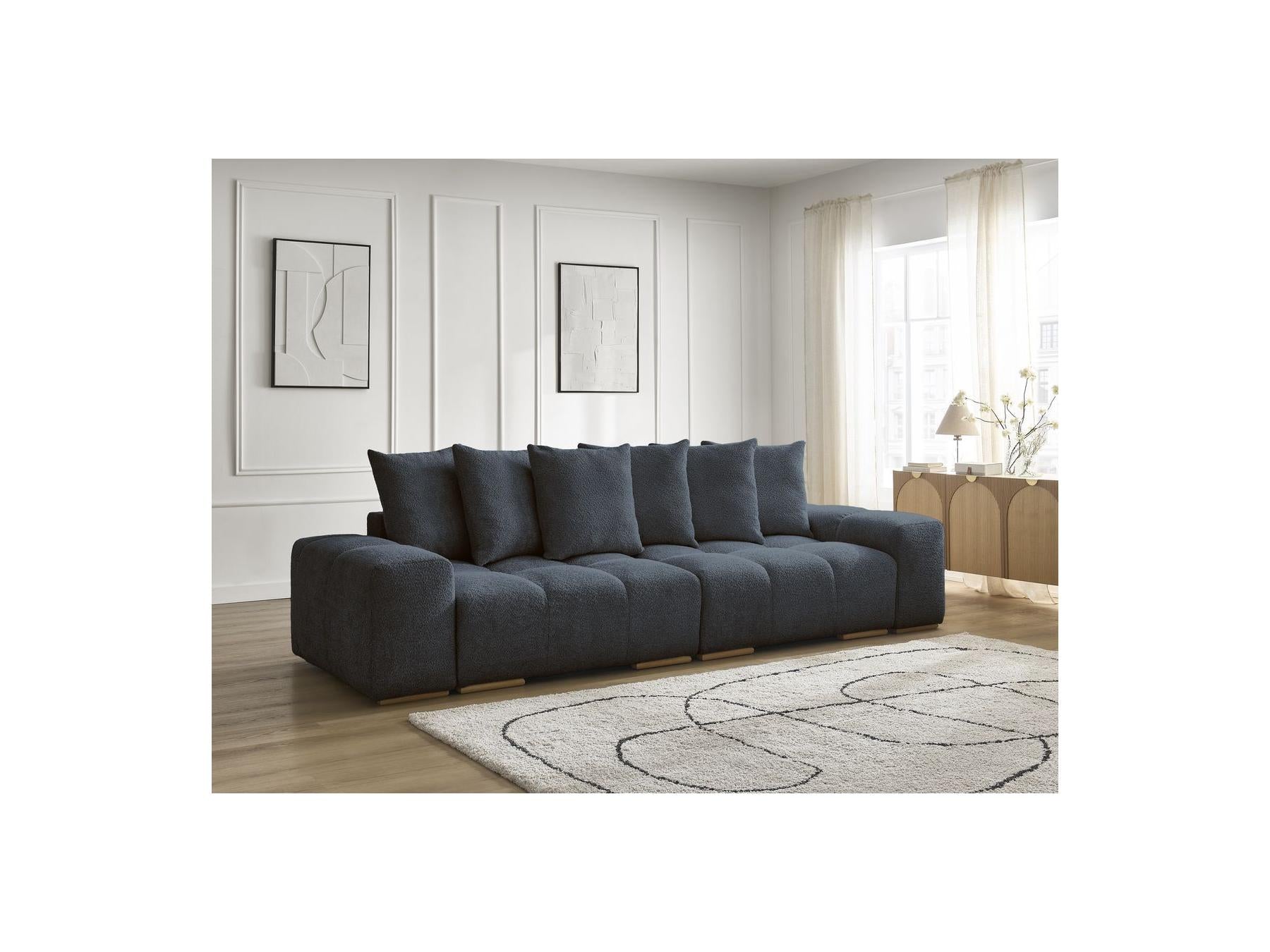 Anakin - Canapé Droit Convertible Coffre - Tissu Bouclette - 6 Coussins