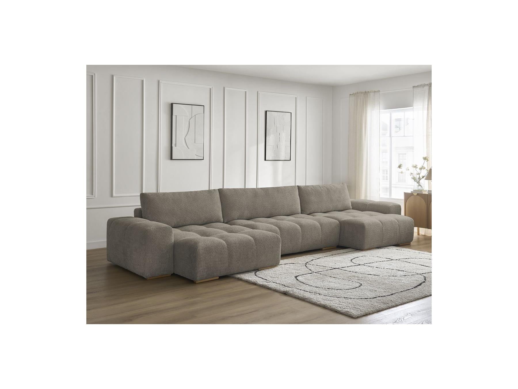 Anakin - Canapé Panoramique Convertible Coffre - Tissu Bouclette - 3 Coussins