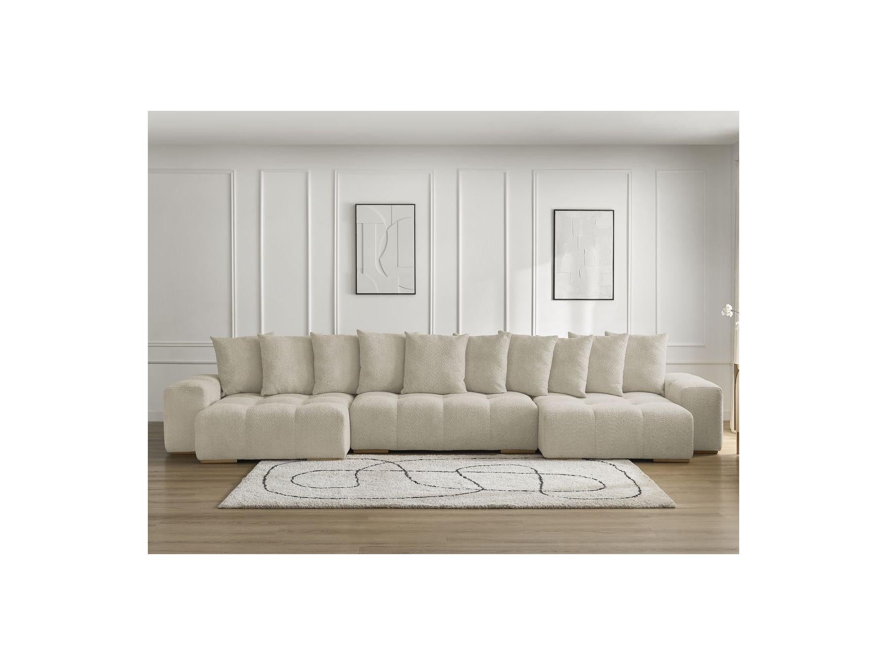 Anakin - Canapé Panoramique Convertible Coffre - Tissu Bouclette - 10 Coussins