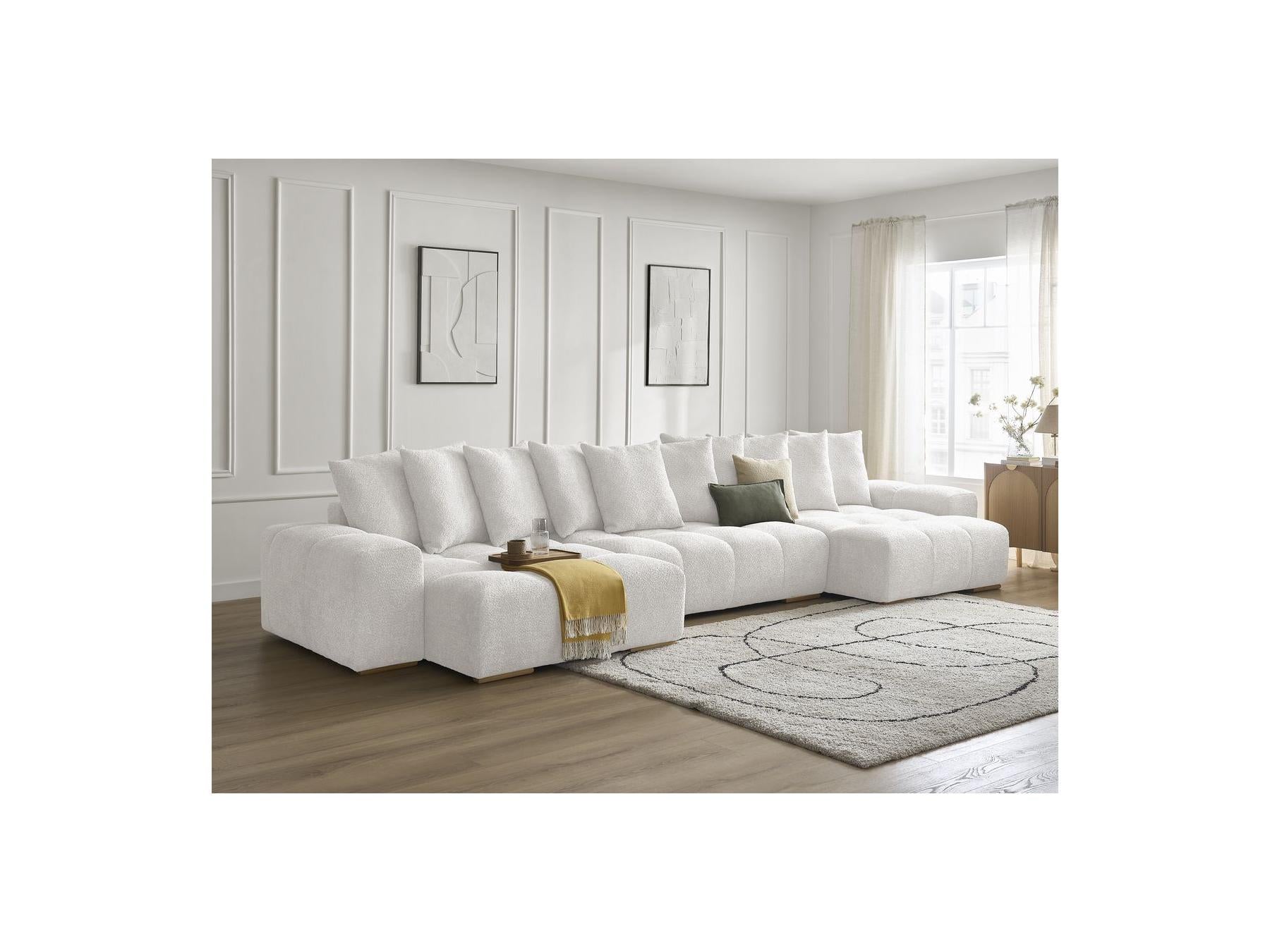 Anakin - Canapé Panoramique Convertible Coffre - Tissu Bouclette - 10 Coussins