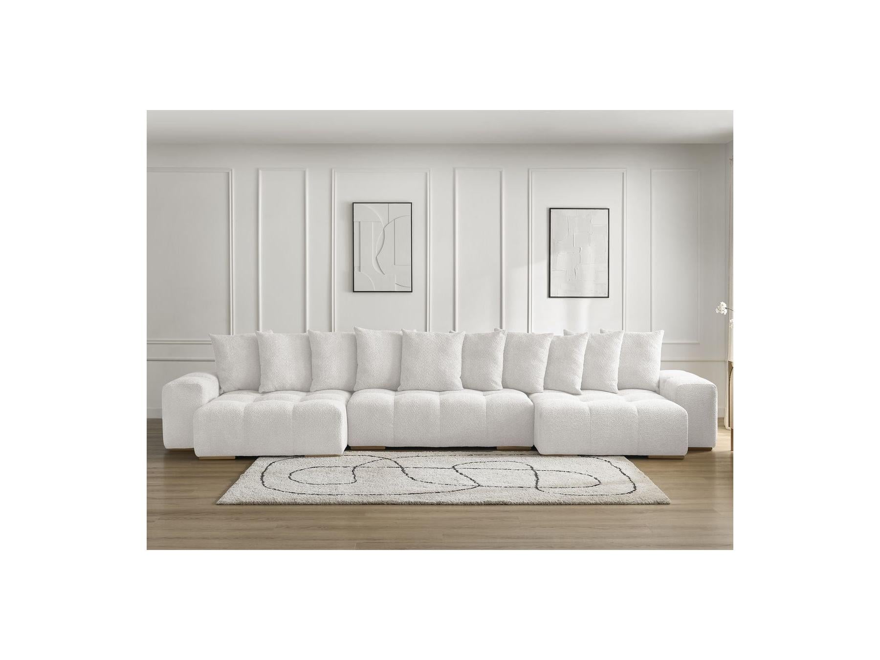 Anakin - Canapé Panoramique Convertible Coffre - Tissu Bouclette - 10 Coussins