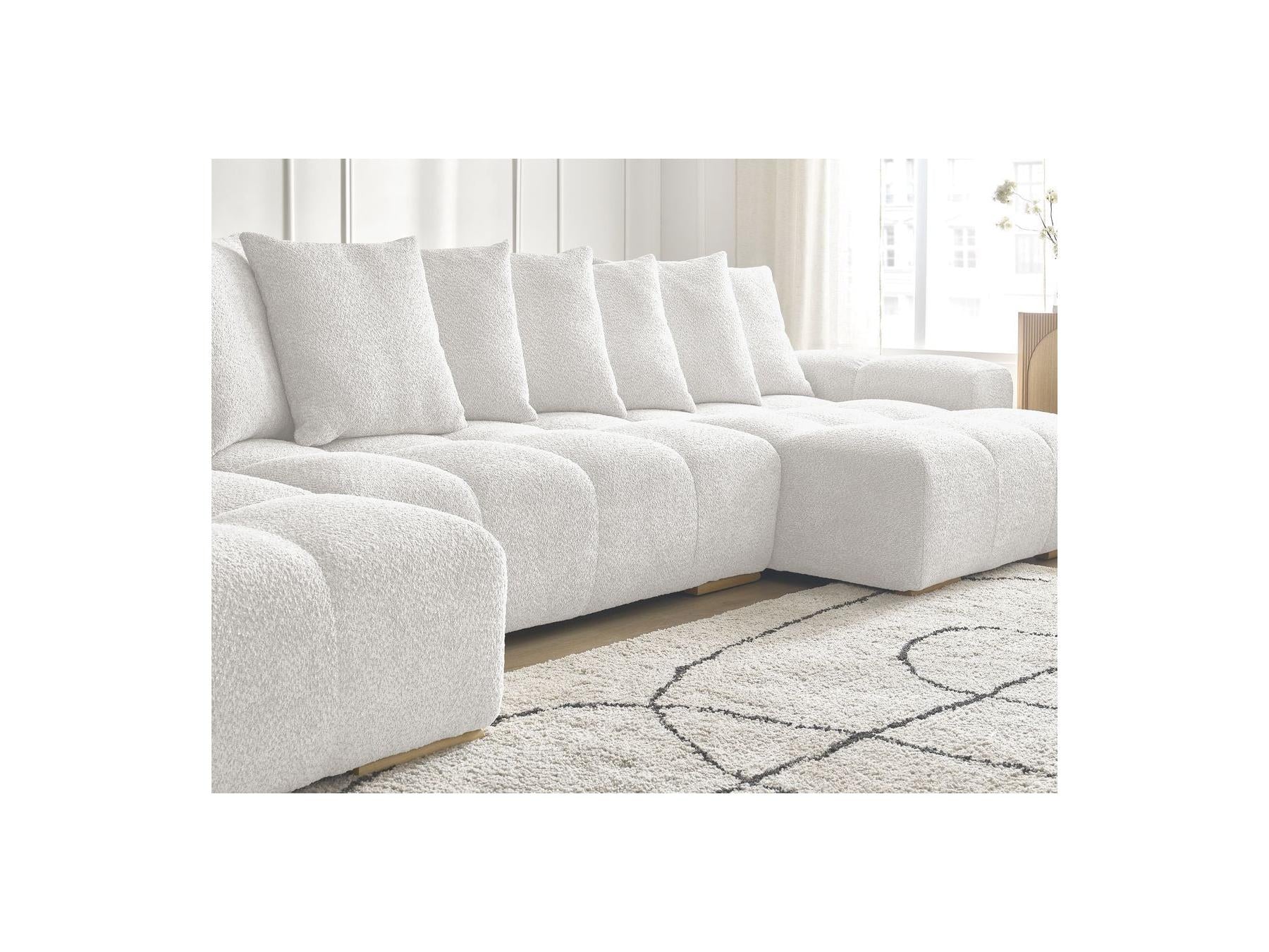 Anakin - Canapé Panoramique Convertible Coffre - Tissu Bouclette - 10 Coussins