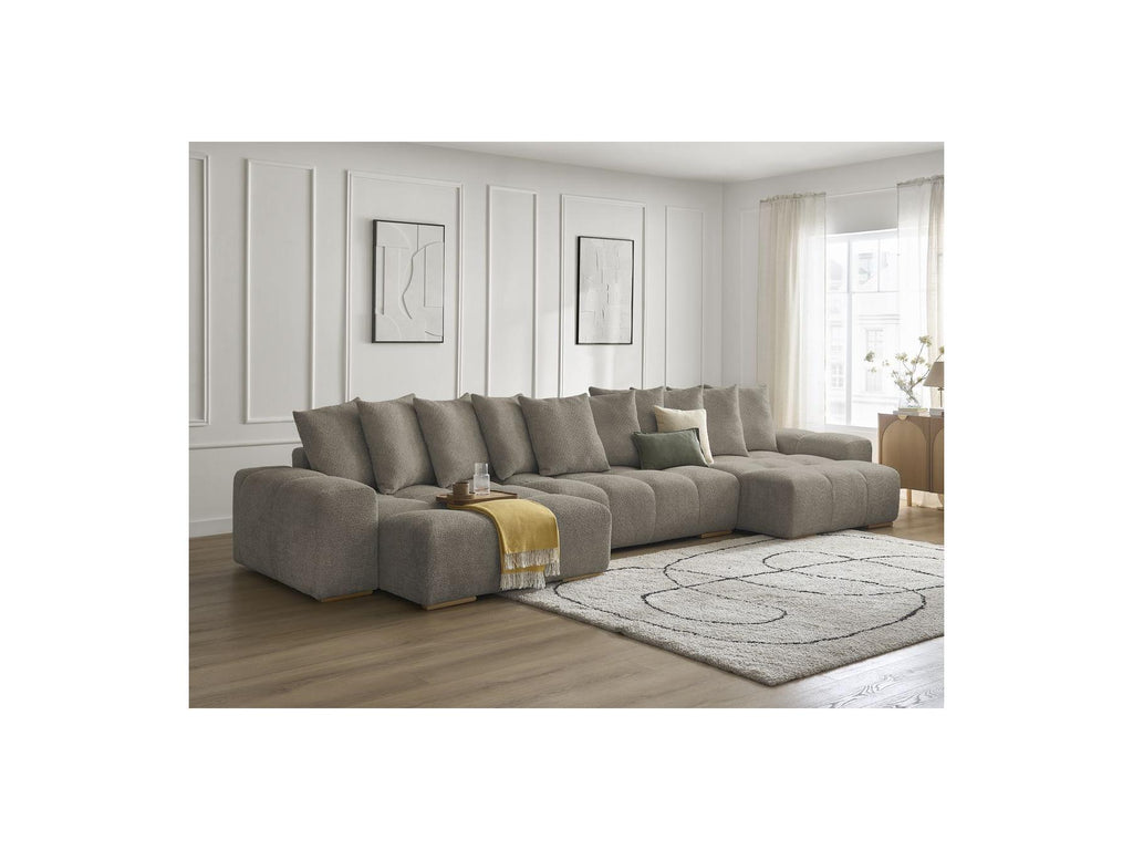 Anakin - Canapé Panoramique Convertible Coffre - Tissu Bouclette - 10 Coussins