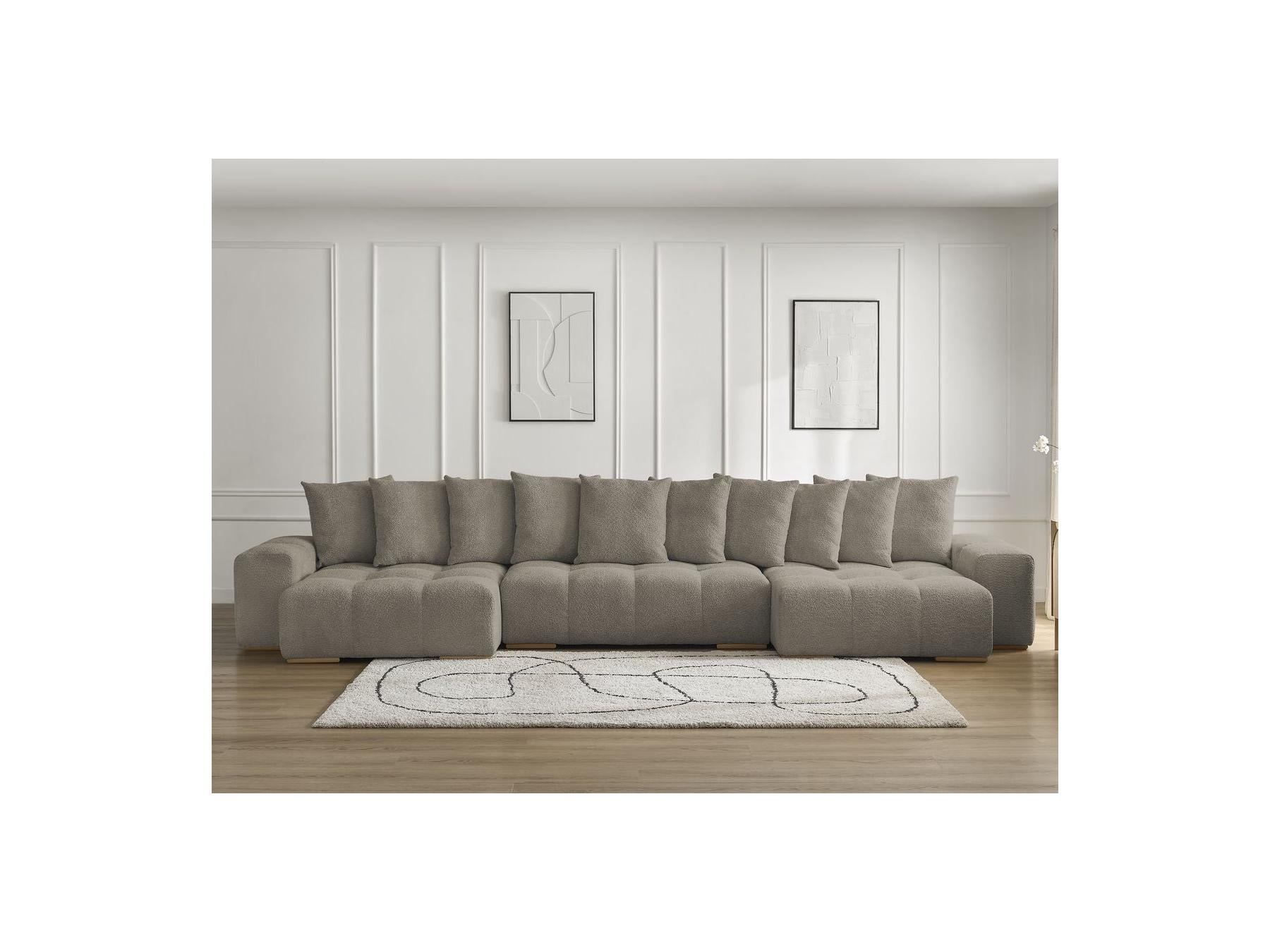 Anakin - Canapé Panoramique Convertible Coffre - Tissu Bouclette - 10 Coussins