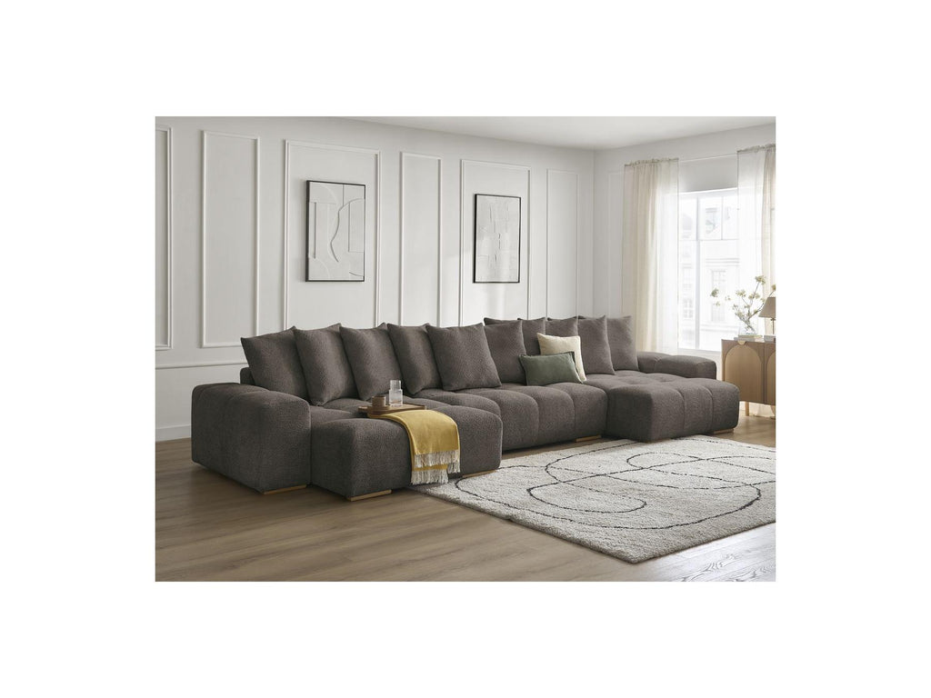 Anakin - Canapé Panoramique Convertible Coffre - Tissu Bouclette - 10 Coussins