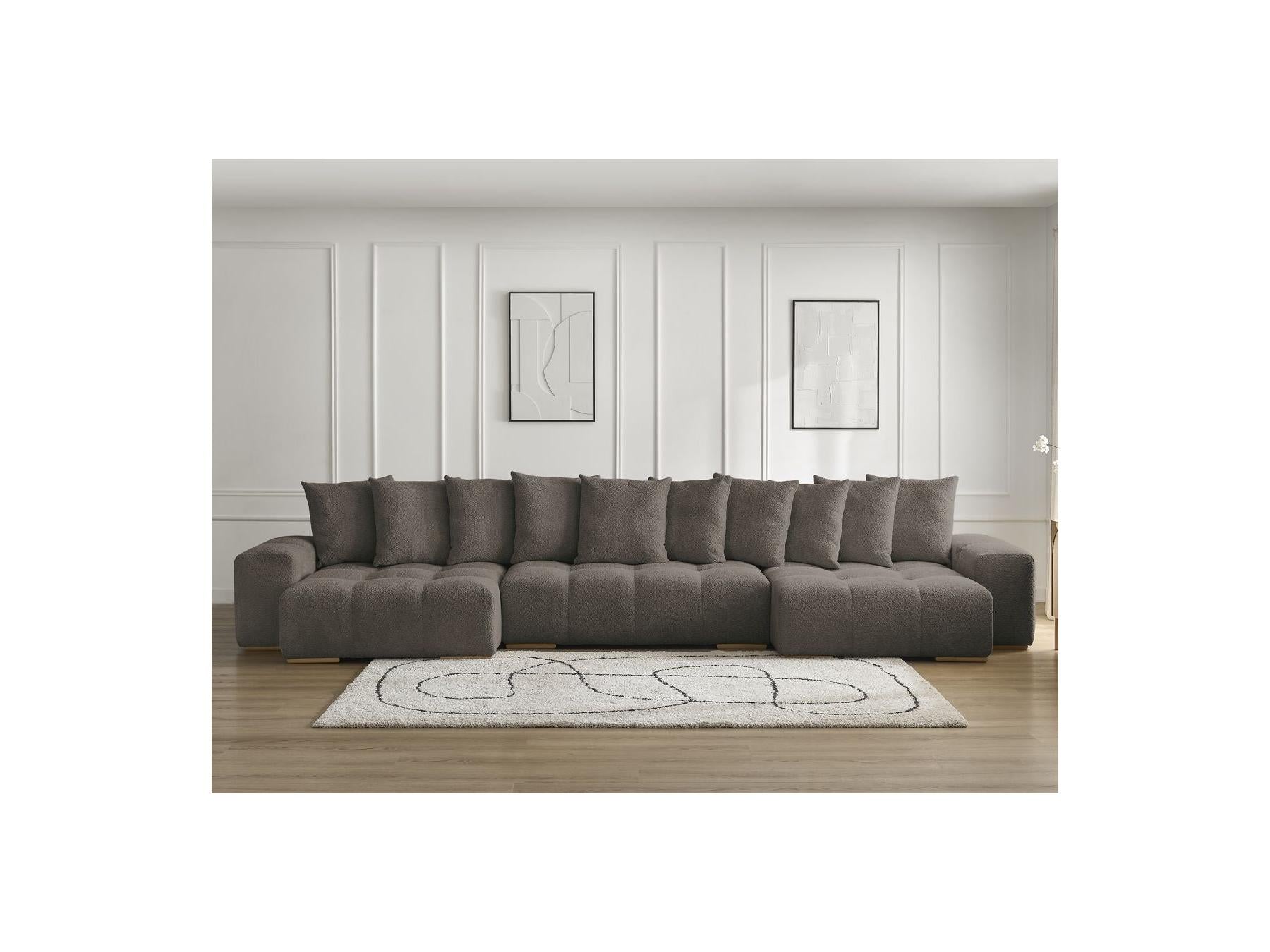 Anakin - Canapé Panoramique Convertible Coffre - Tissu Bouclette - 10 Coussins