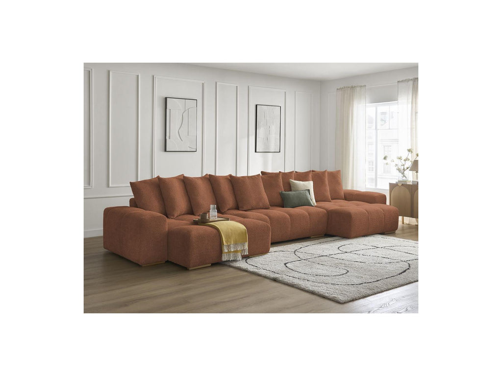 Anakin - Canapé Panoramique Convertible Coffre - Tissu Bouclette - 10 Coussins