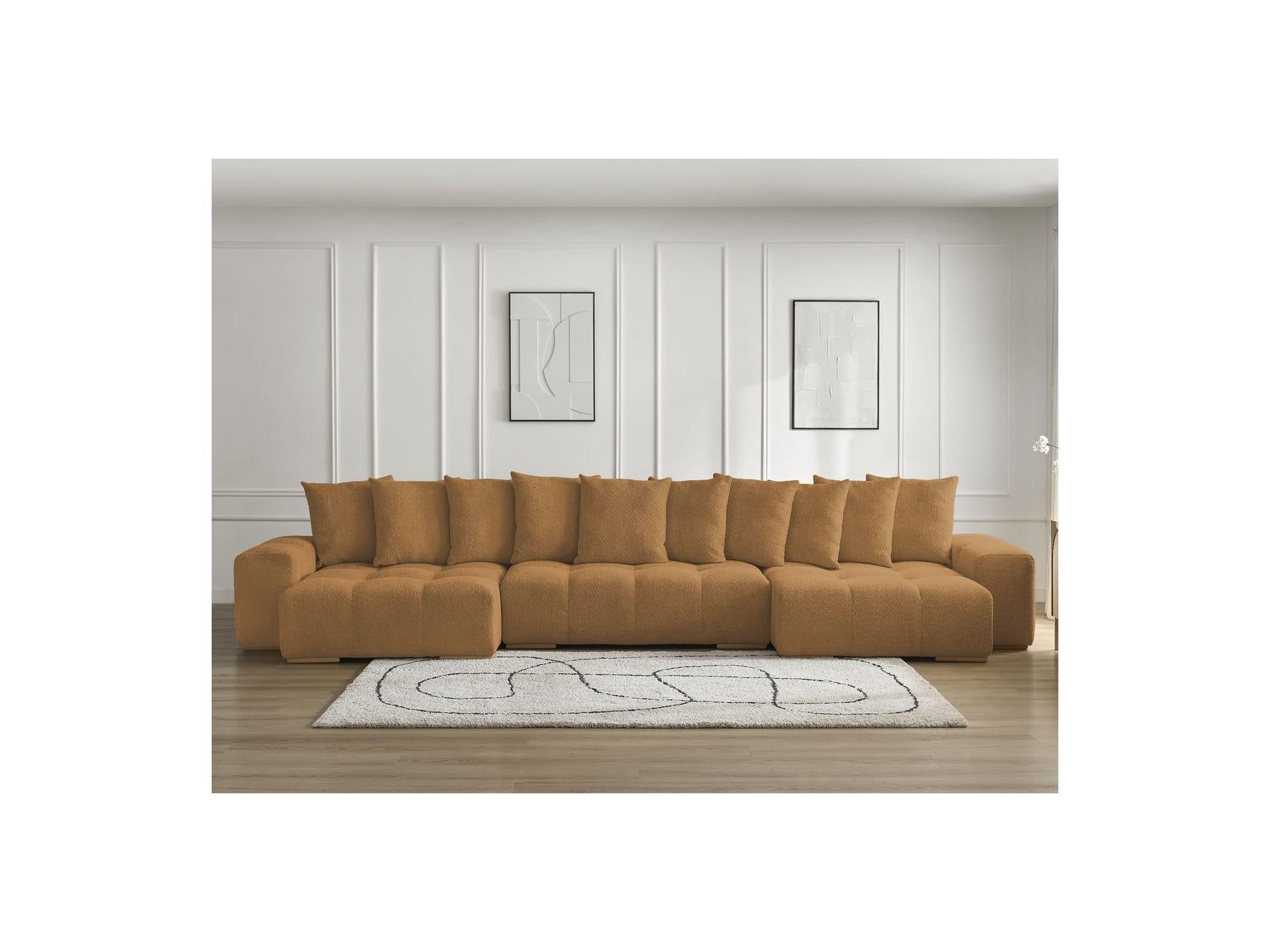Anakin - Canapé Panoramique Convertible Coffre - Tissu Bouclette - 10 Coussins