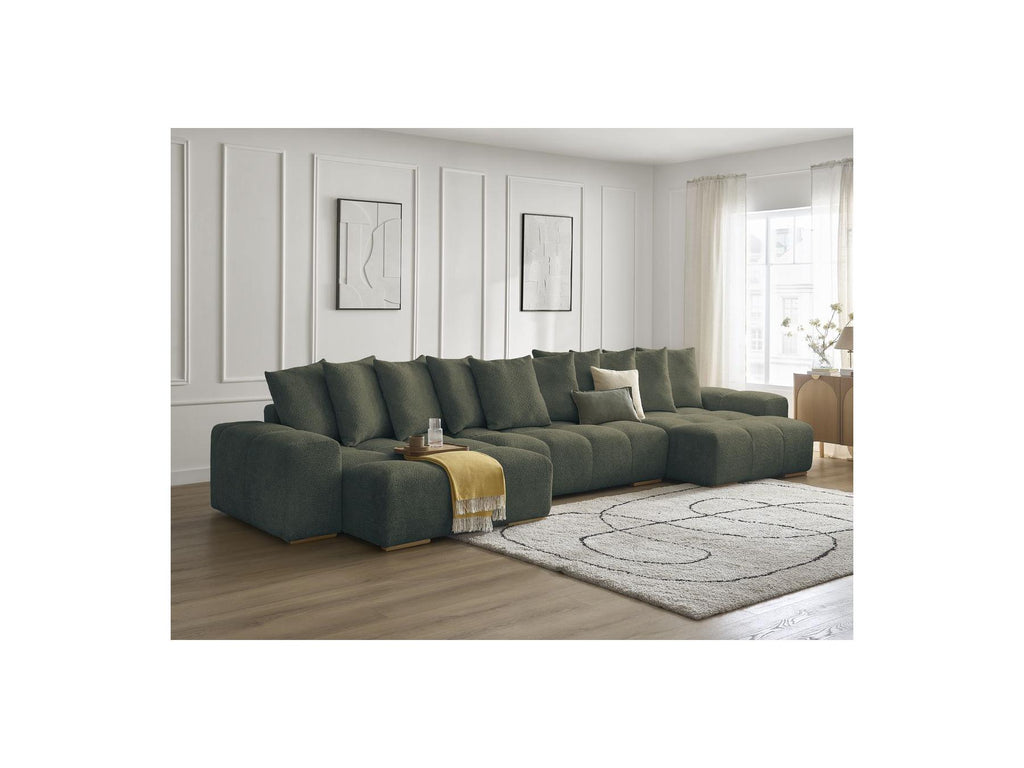 Anakin - Canapé Panoramique Convertible Coffre - Tissu Bouclette - 10 Coussins
