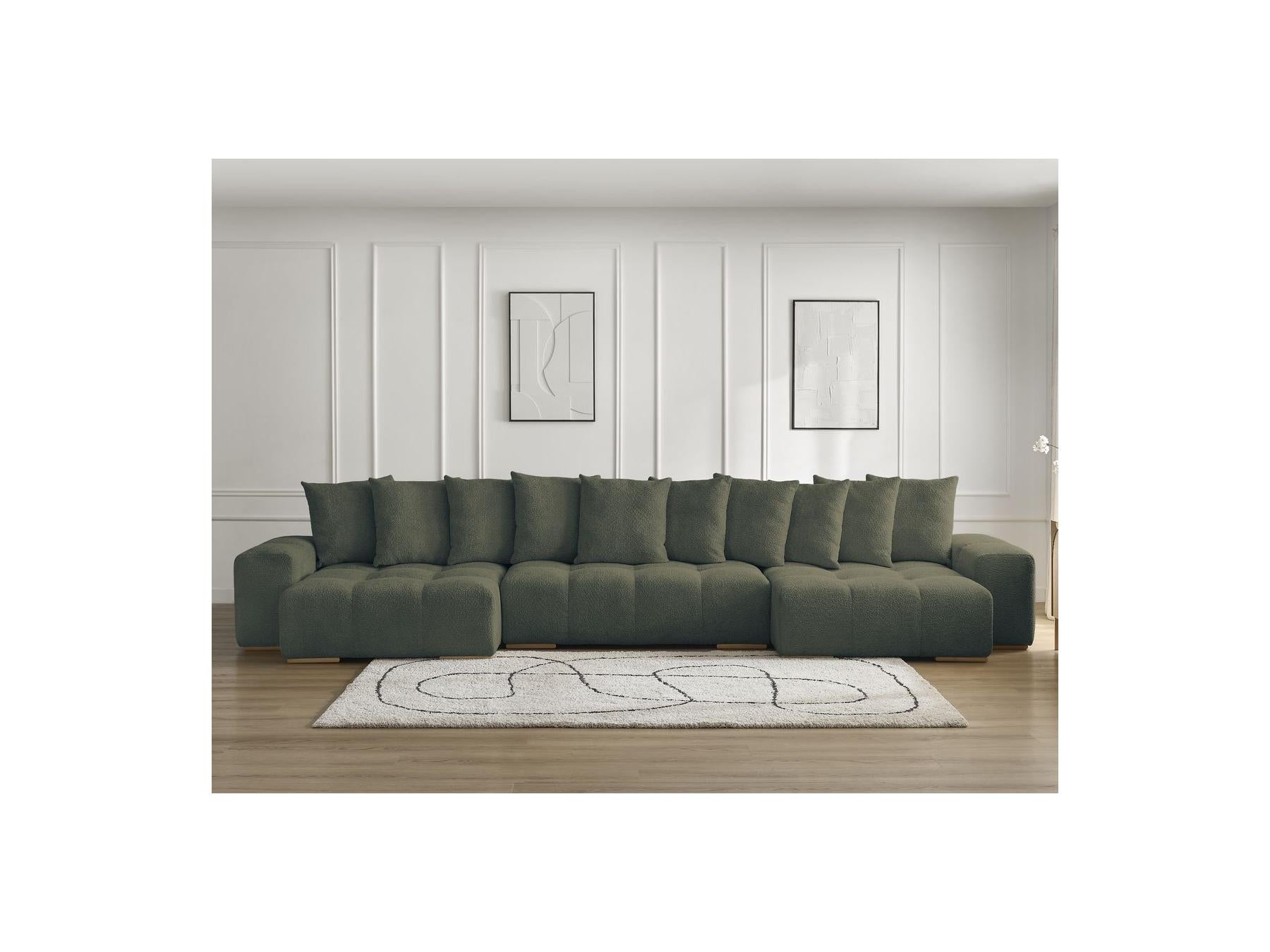 Anakin - Canapé Panoramique Convertible Coffre - Tissu Bouclette - 10 Coussins