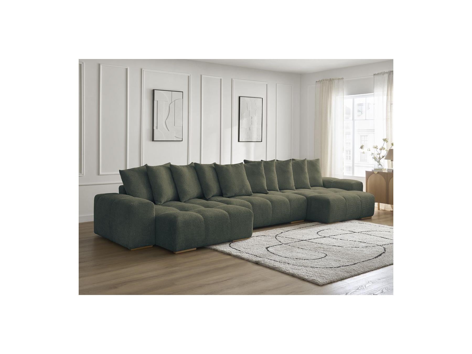Anakin - Canapé Panoramique Convertible Coffre - Tissu Bouclette - 10 Coussins