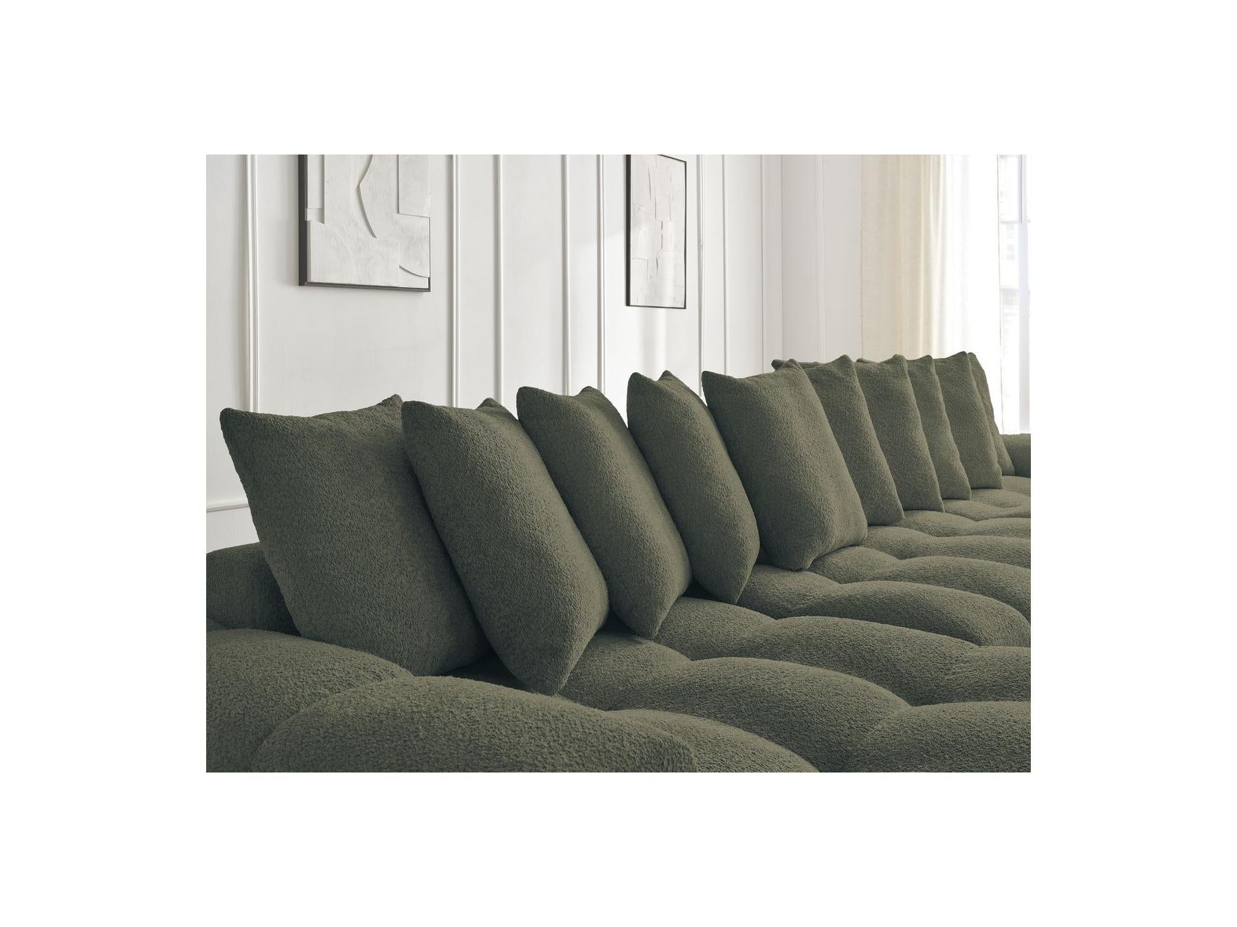 Anakin - Canapé Panoramique Convertible Coffre - Tissu Bouclette - 10 Coussins