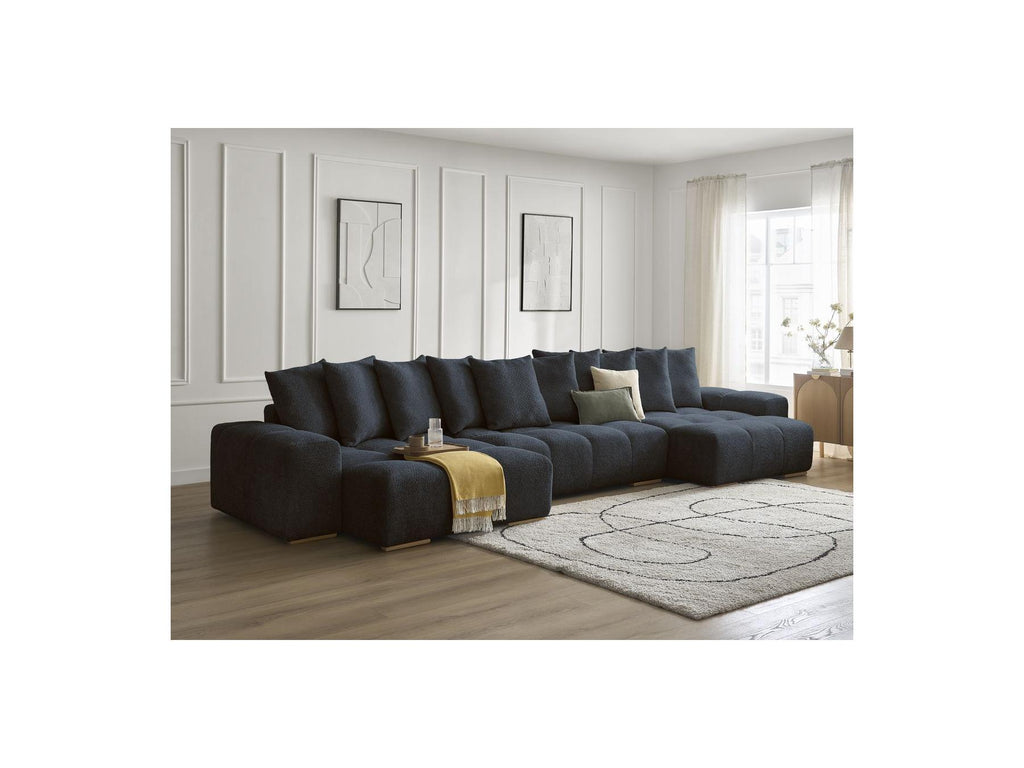Anakin - Canapé Panoramique Convertible Coffre - Tissu Bouclette - 10 Coussins