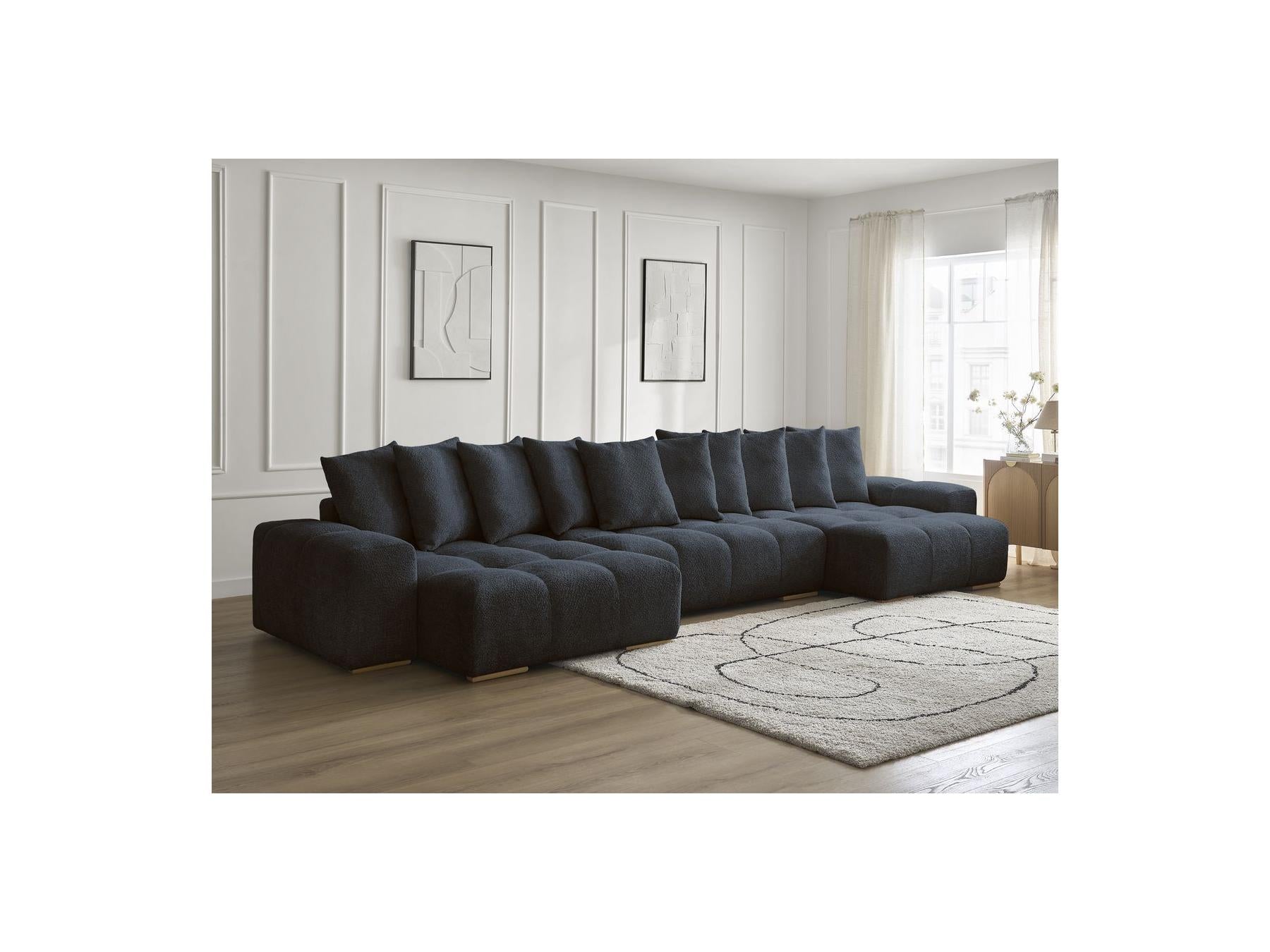 Anakin - Canapé Panoramique Convertible Coffre - Tissu Bouclette - 10 Coussins