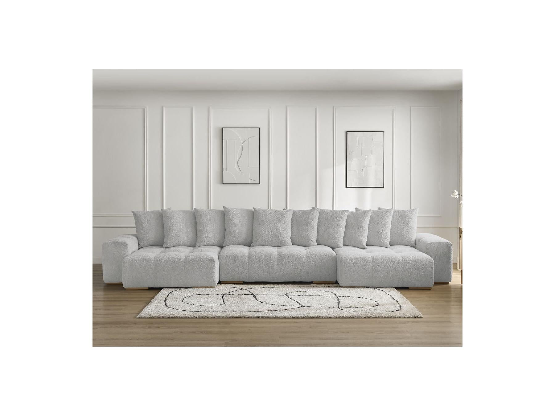 Anakin - Canapé Panoramique Convertible Coffre - Tissu Bouclette - 10 Coussins