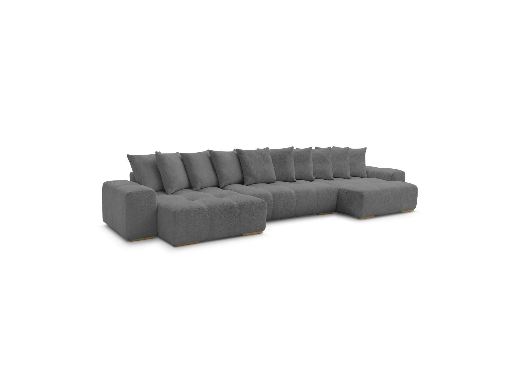 Anakin - Canapé Panoramique Convertible Coffre - Tissu Bouclette - 10 Coussins