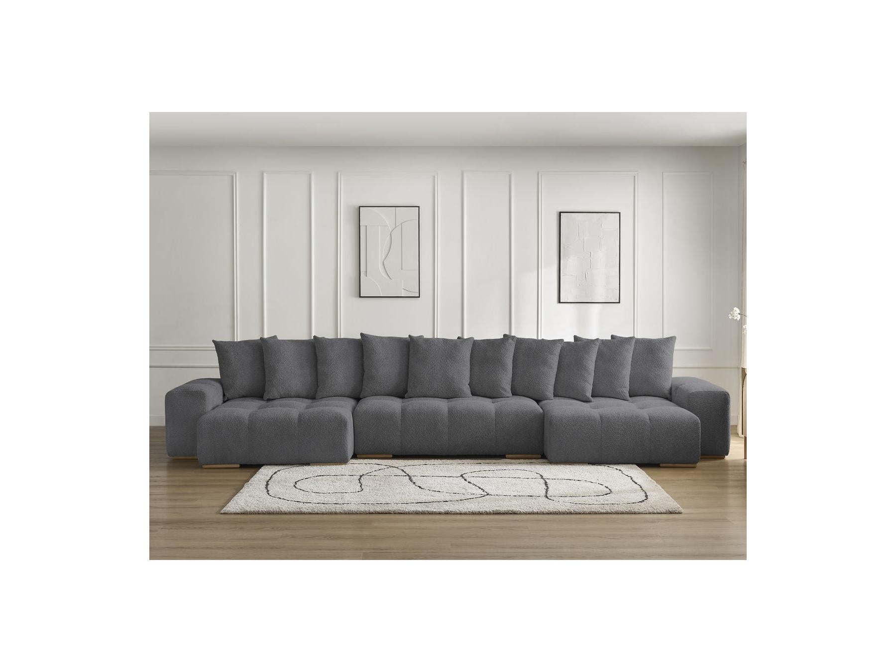 Anakin - Canapé Panoramique Convertible Coffre - Tissu Bouclette - 10 Coussins