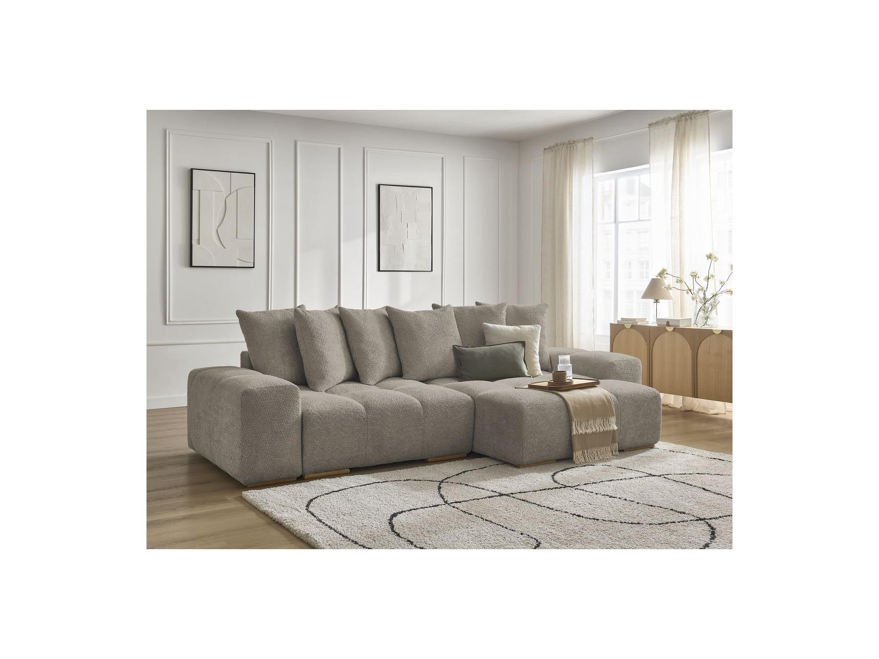 Anakin - Canapé D'Angle Convertible Réversible Coffre - Tissu Bouclette - 6 Coussins