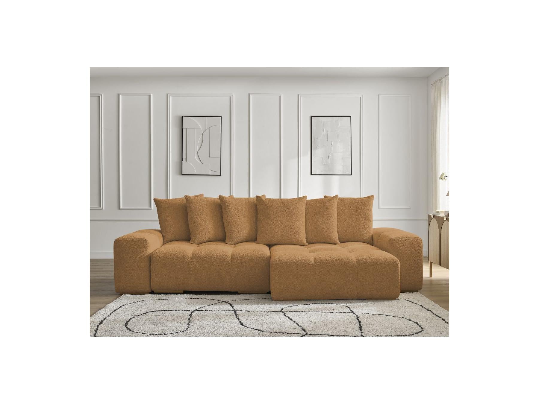 Anakin - Canapé D'Angle Convertible Réversible Coffre - Tissu Bouclette - 6 Coussins