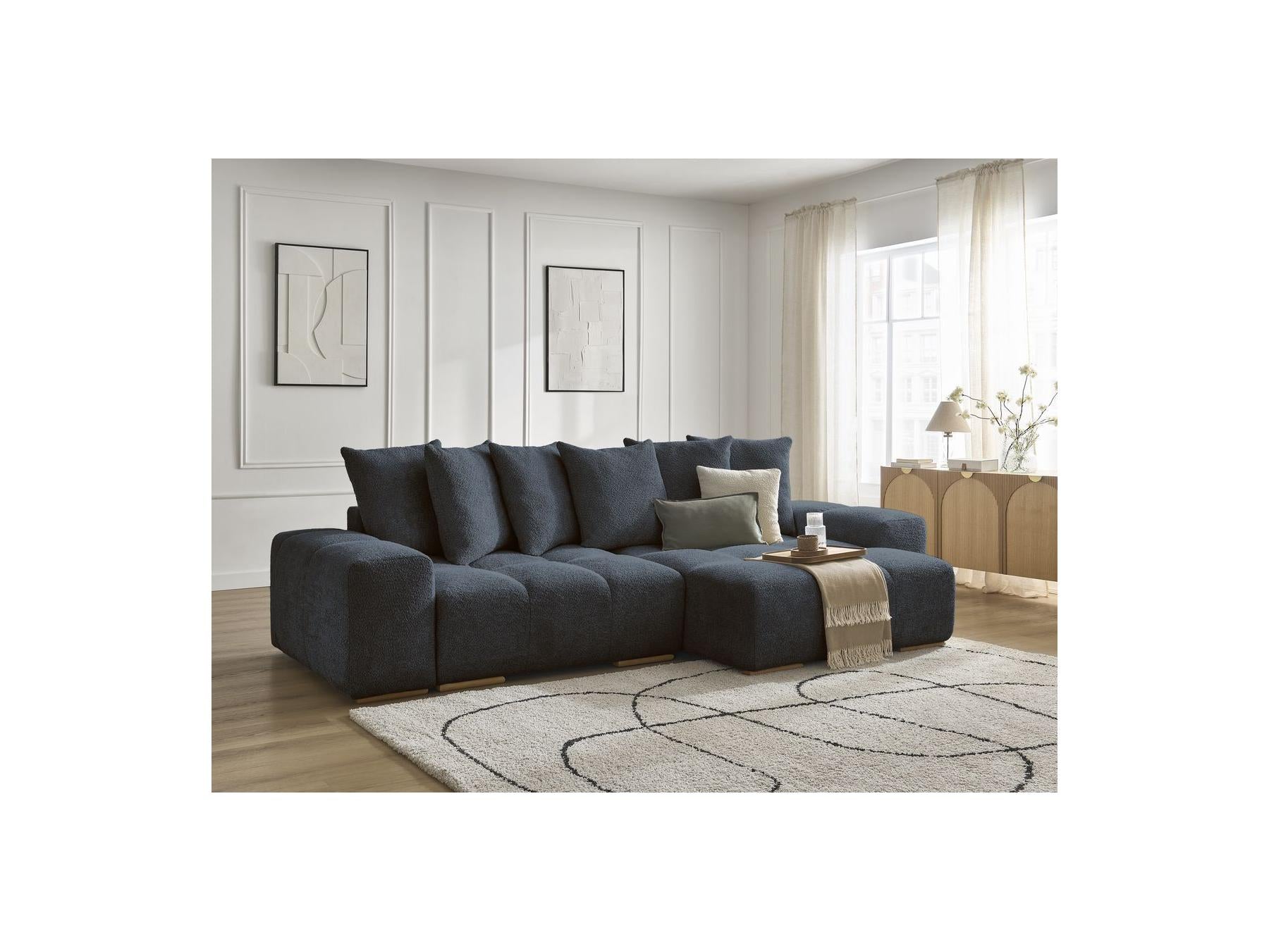 Anakin - Canapé D'Angle Convertible Réversible Coffre - Tissu Bouclette - 6 Coussins