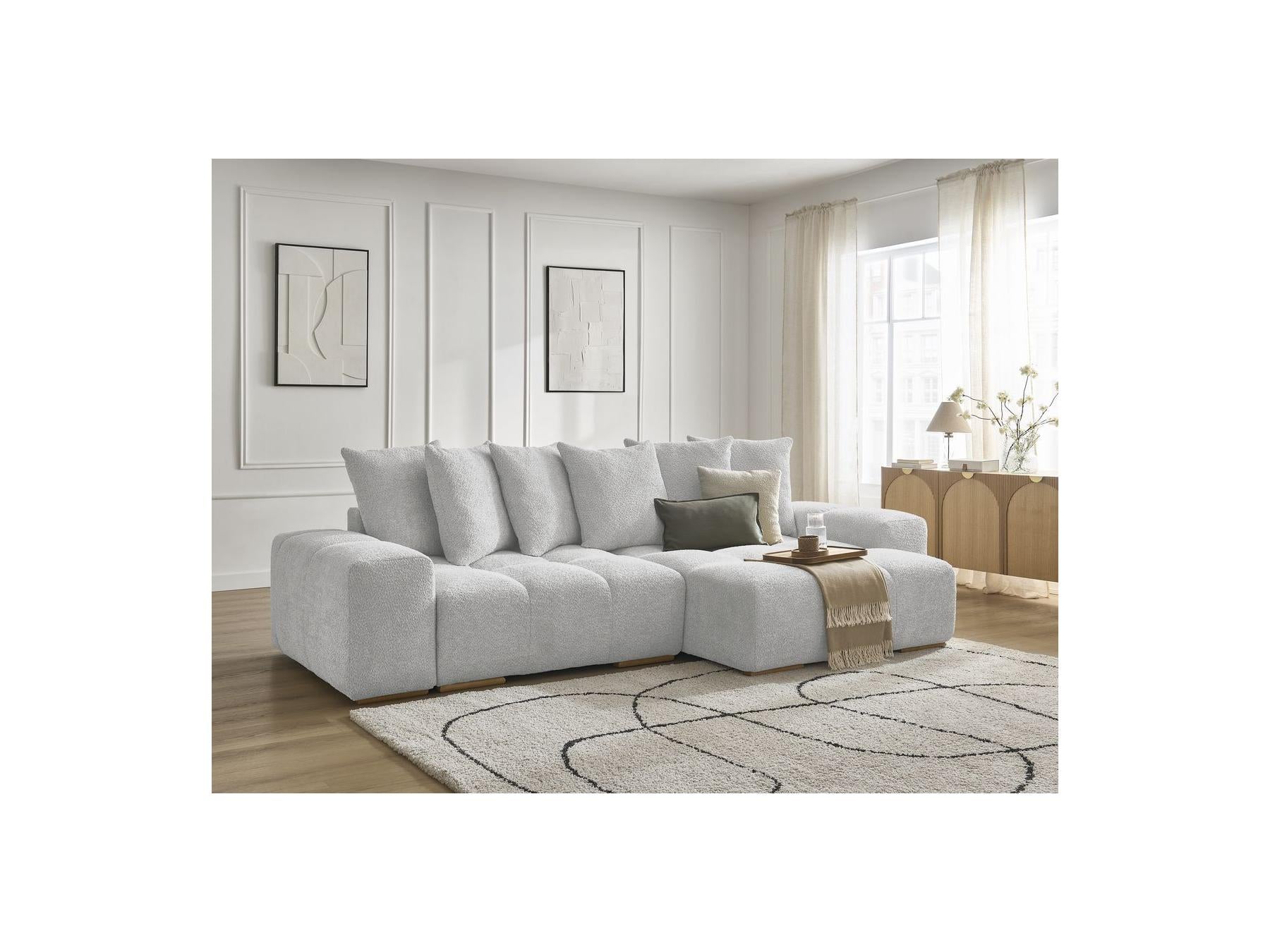 Anakin - Canapé D'Angle Convertible Réversible Coffre - Tissu Bouclette - 6 Coussins