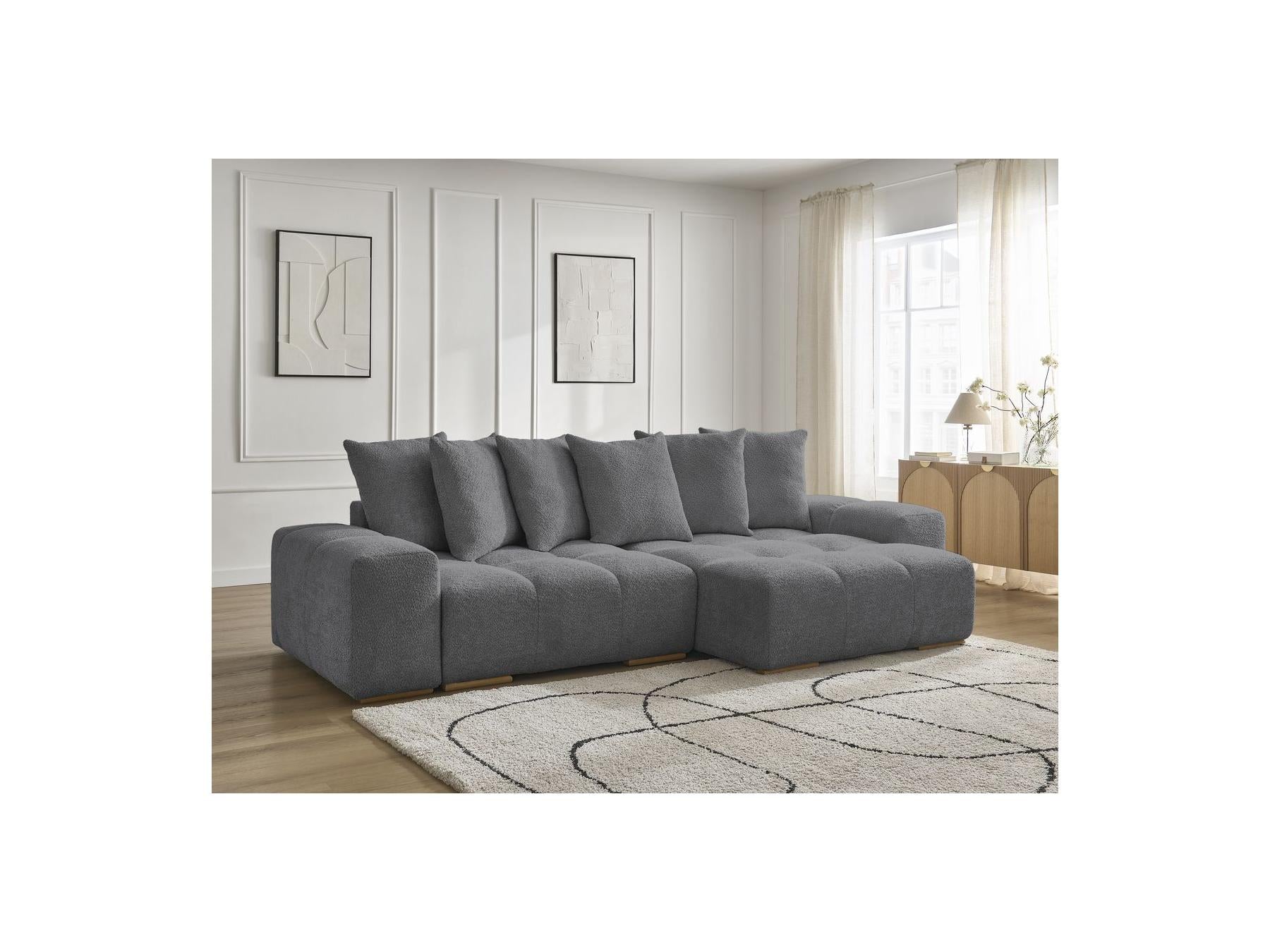 Anakin - Canapé D'Angle Convertible Réversible Coffre - Tissu Bouclette - 6 Coussins
