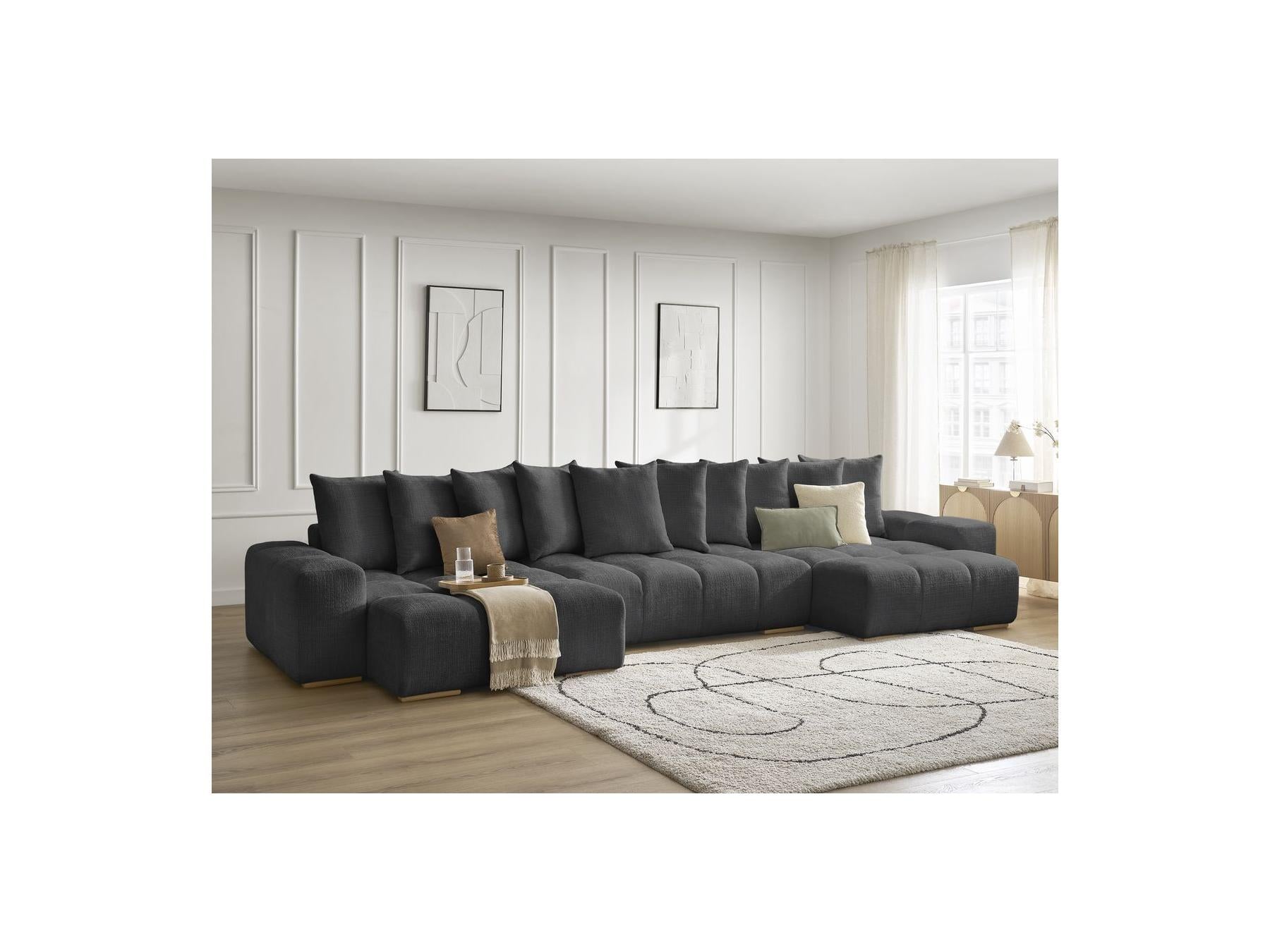 Anakin - Canapé Panoramique Fixe - Tissu Texturé - 10 Coussins
