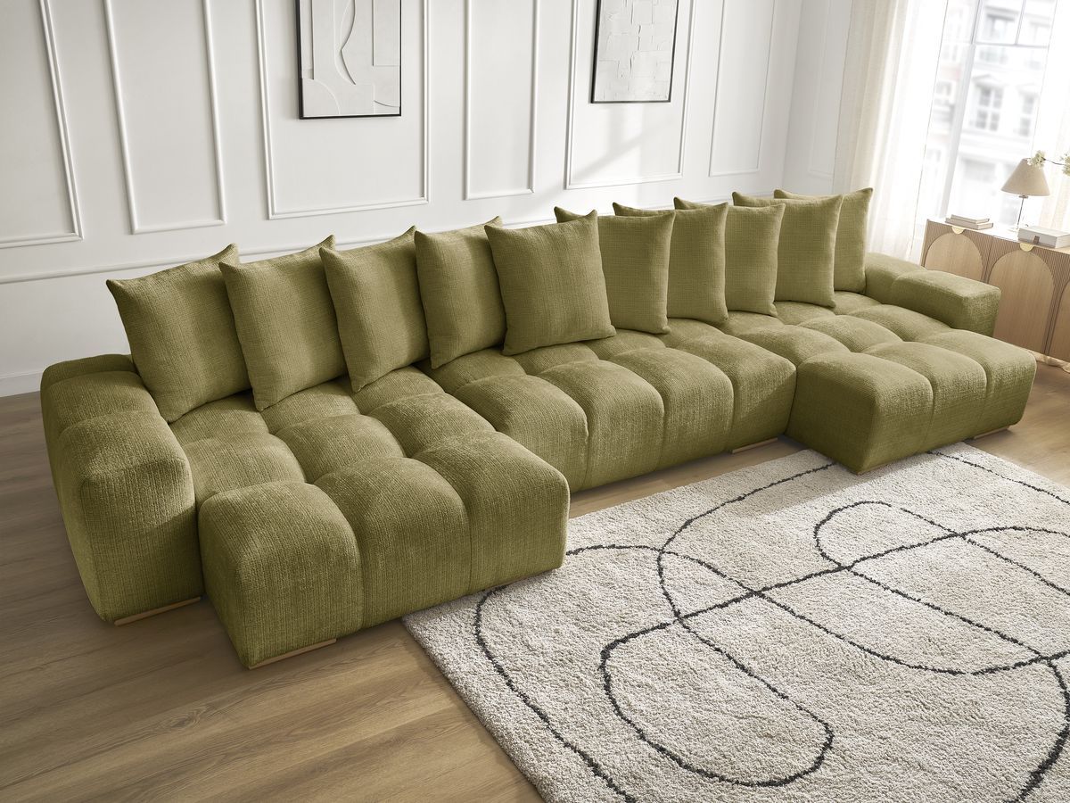 Anakin - Canapé Panoramique Fixe - Tissu Texturé - 10 Coussins