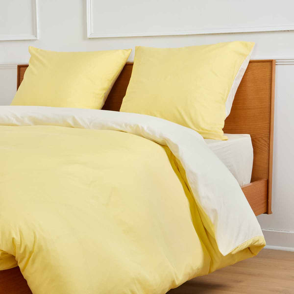 Parure De Lit - Housse De Couette Réversible - Percale De Coton - Bicolore Jaune Pale/Ivoire