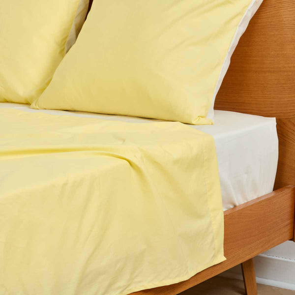 Parure De Lit - Drap Plat - Percale De Coton - Bicolore Jaune Pale/Ivoire