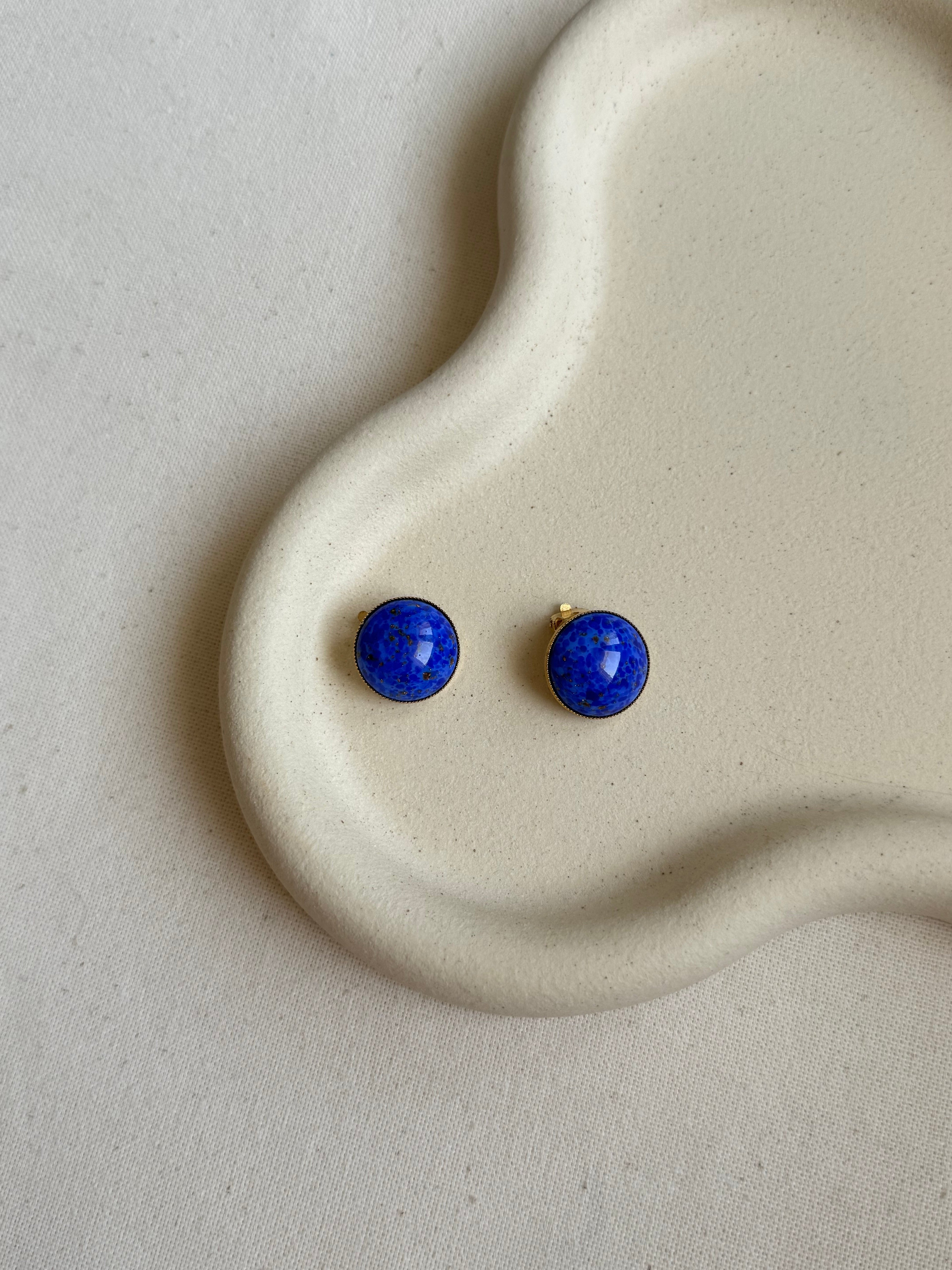Boucles D’Oreilles Vintage - Cabochons Bleu Pâte De Verre
