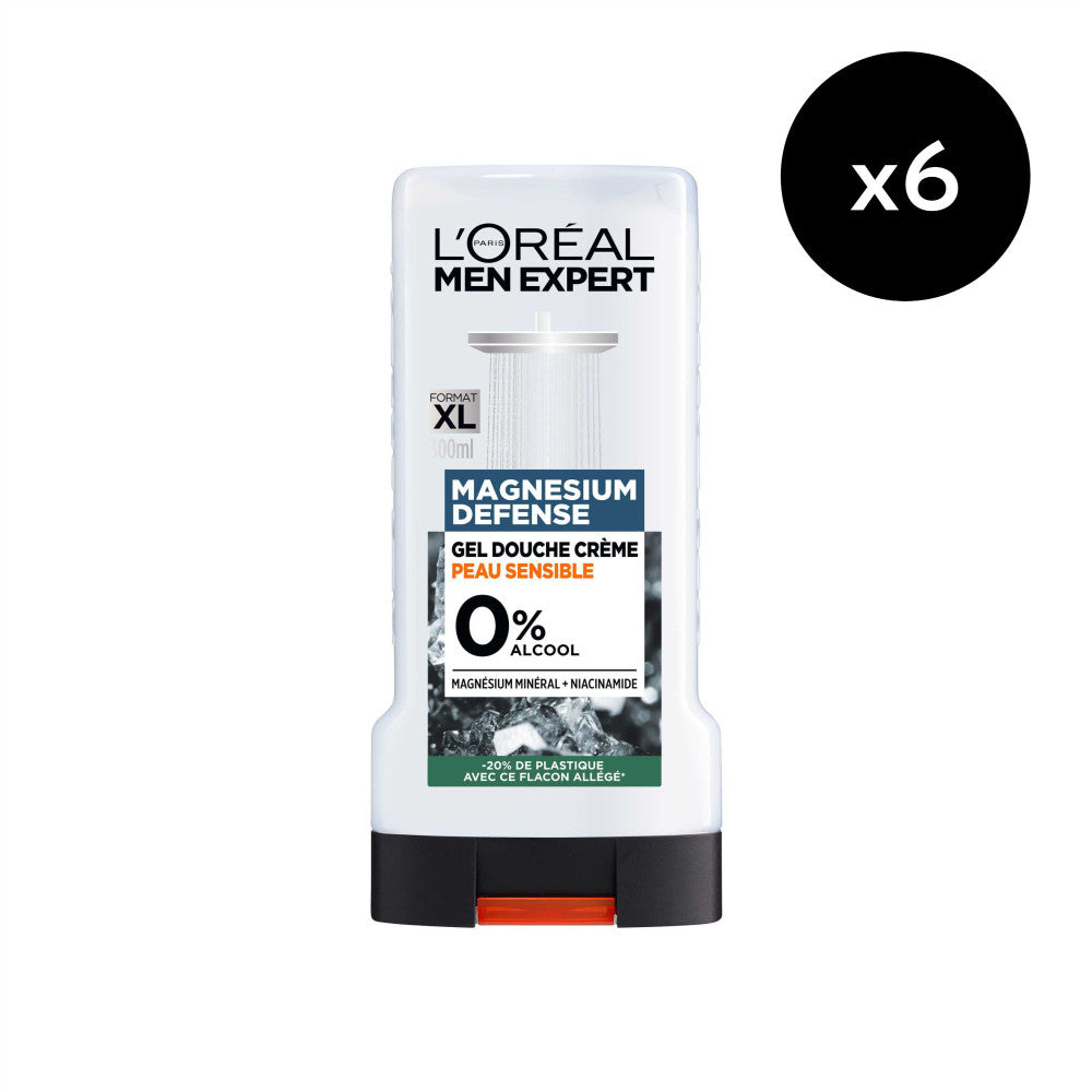 Pack of 6 - Men Expert Magnesium Defense Shower Gel Cream Sensitive Skin 0% Alcohol Enriched With Magnesium & Niaci
