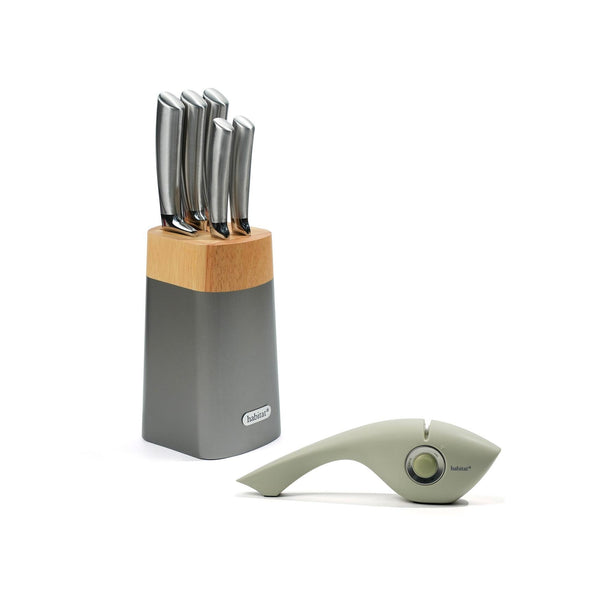 Selena - Bloc De 5 Couteaux En Inox + Un Aiguiseur 3 En 1 - Argenté/Blanc